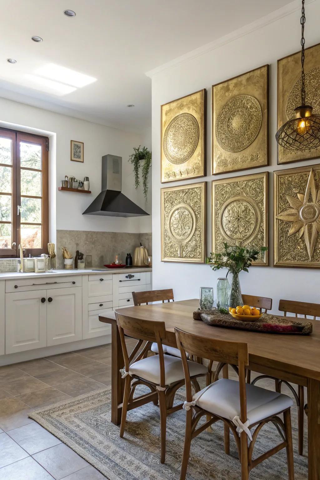 Gold infused wall art adds depth and personality to your kitchen walls.