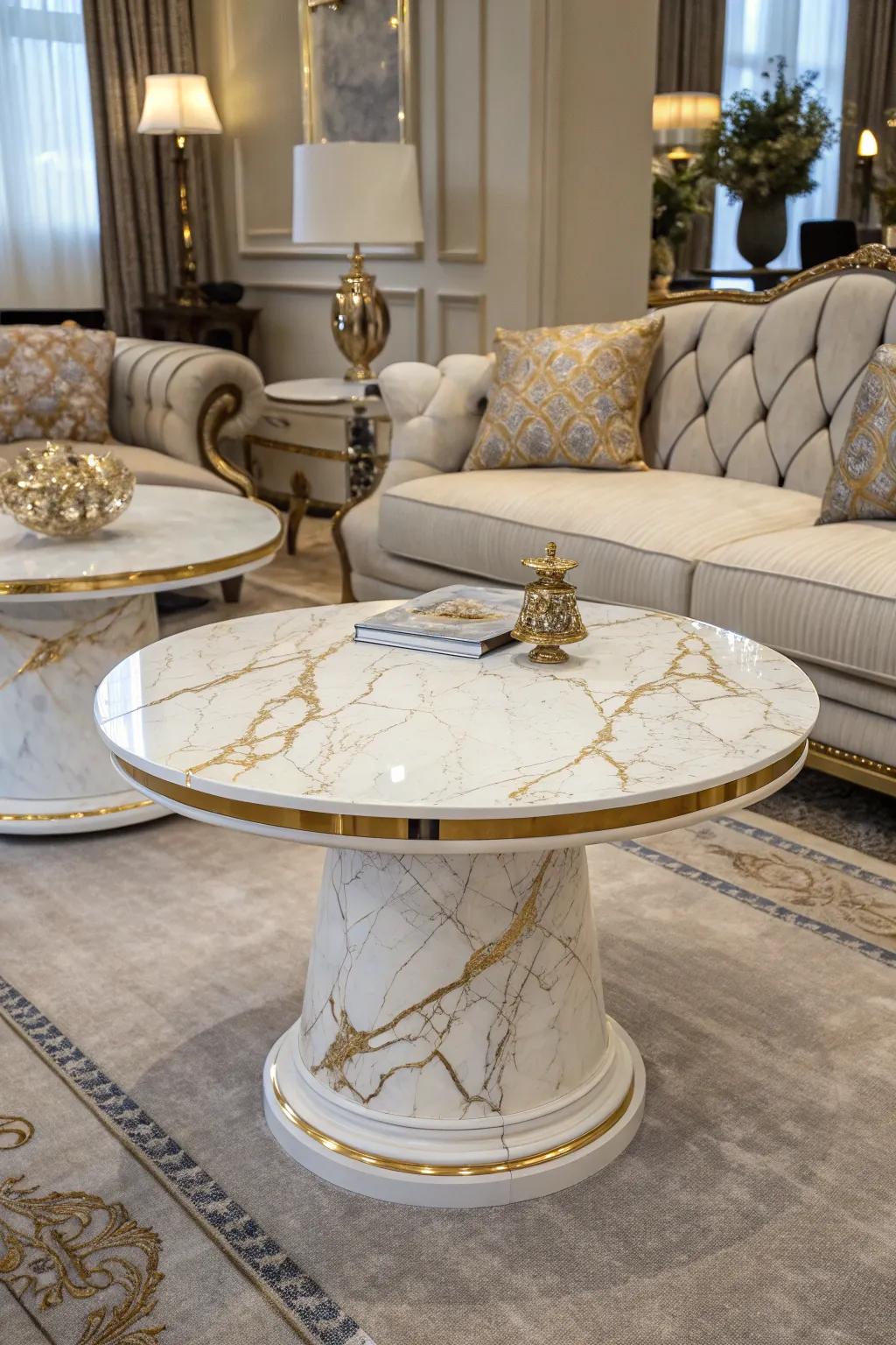 White marble with gold veins offers timeless elegance.