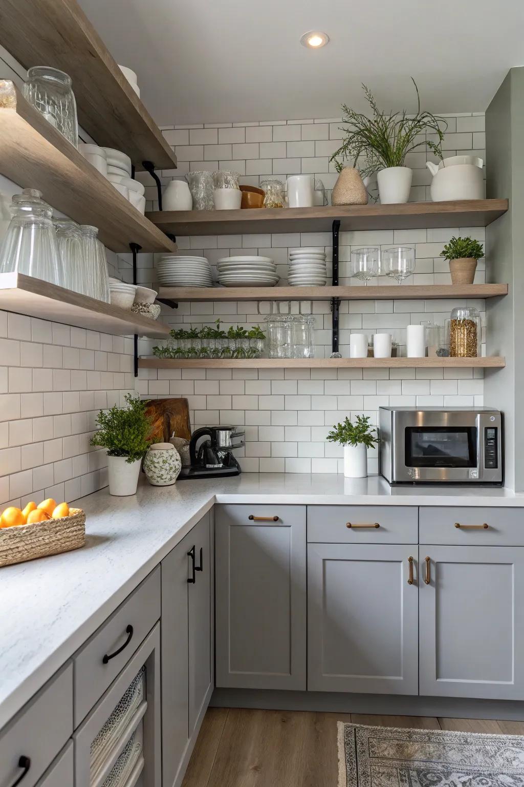 Exposed shelving adds design and usability to the kitchen.