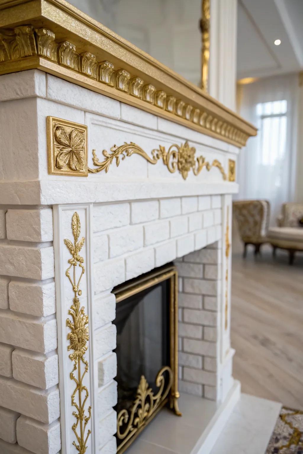Gold accents add a luxurious touch to the white brick fireplace.