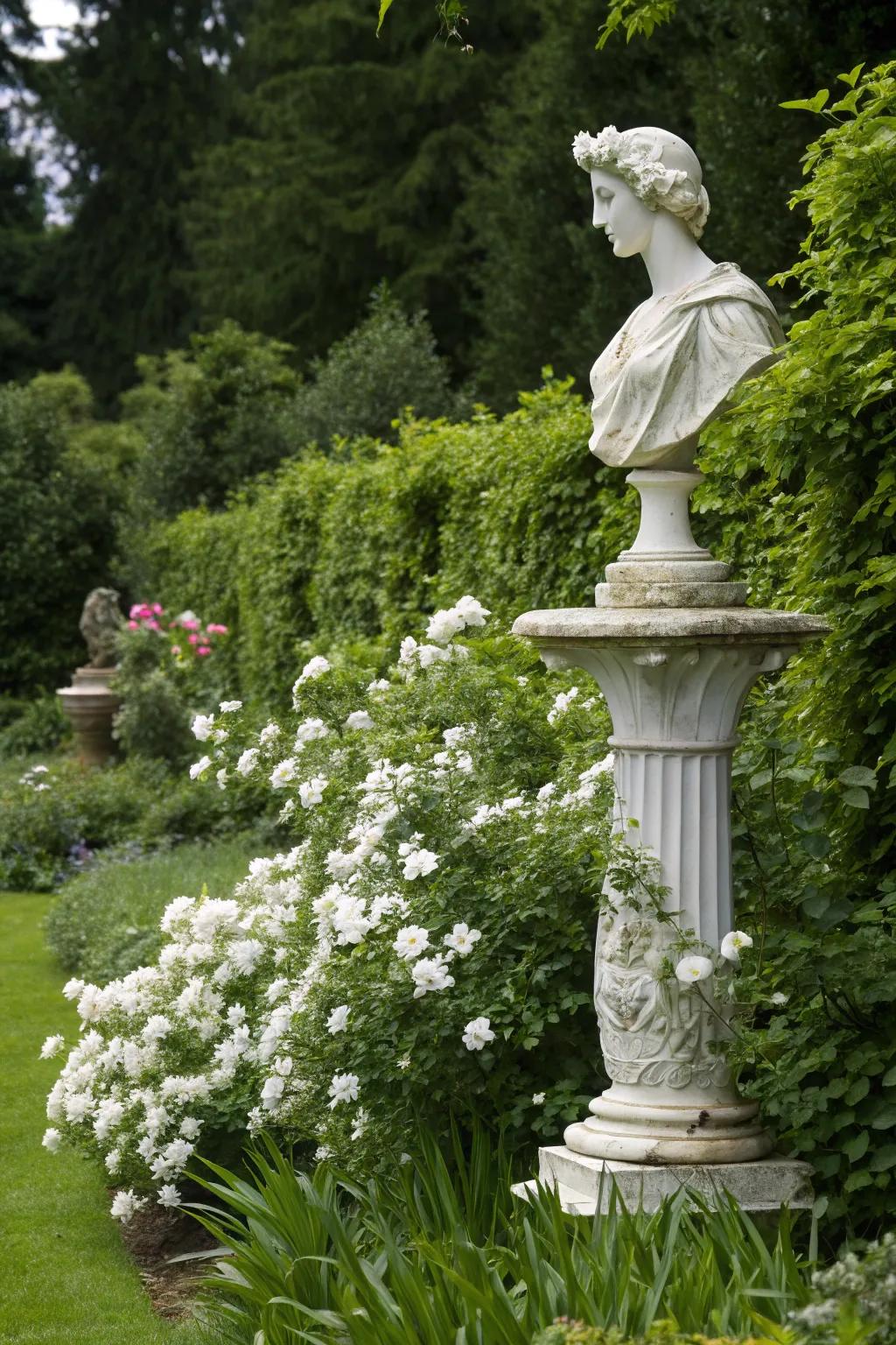 White garden art pieces add unique visual appeal to the garden.