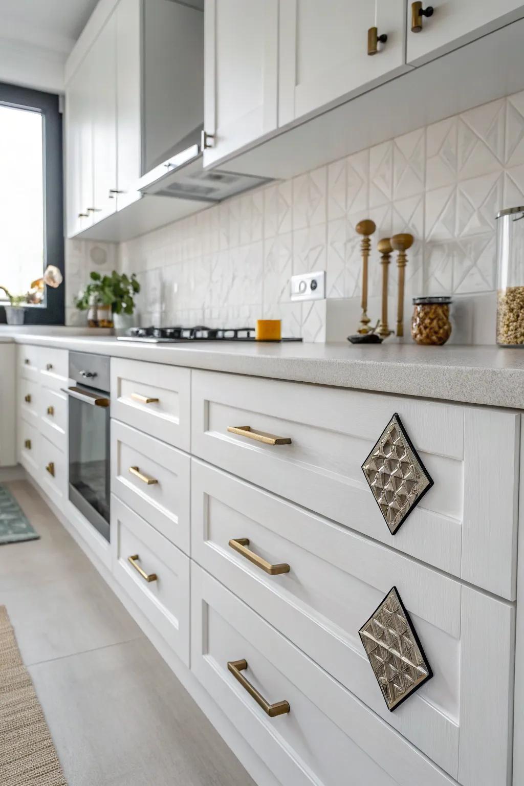 Distinct geometric shapes adding personality to a minimalist kitchen.