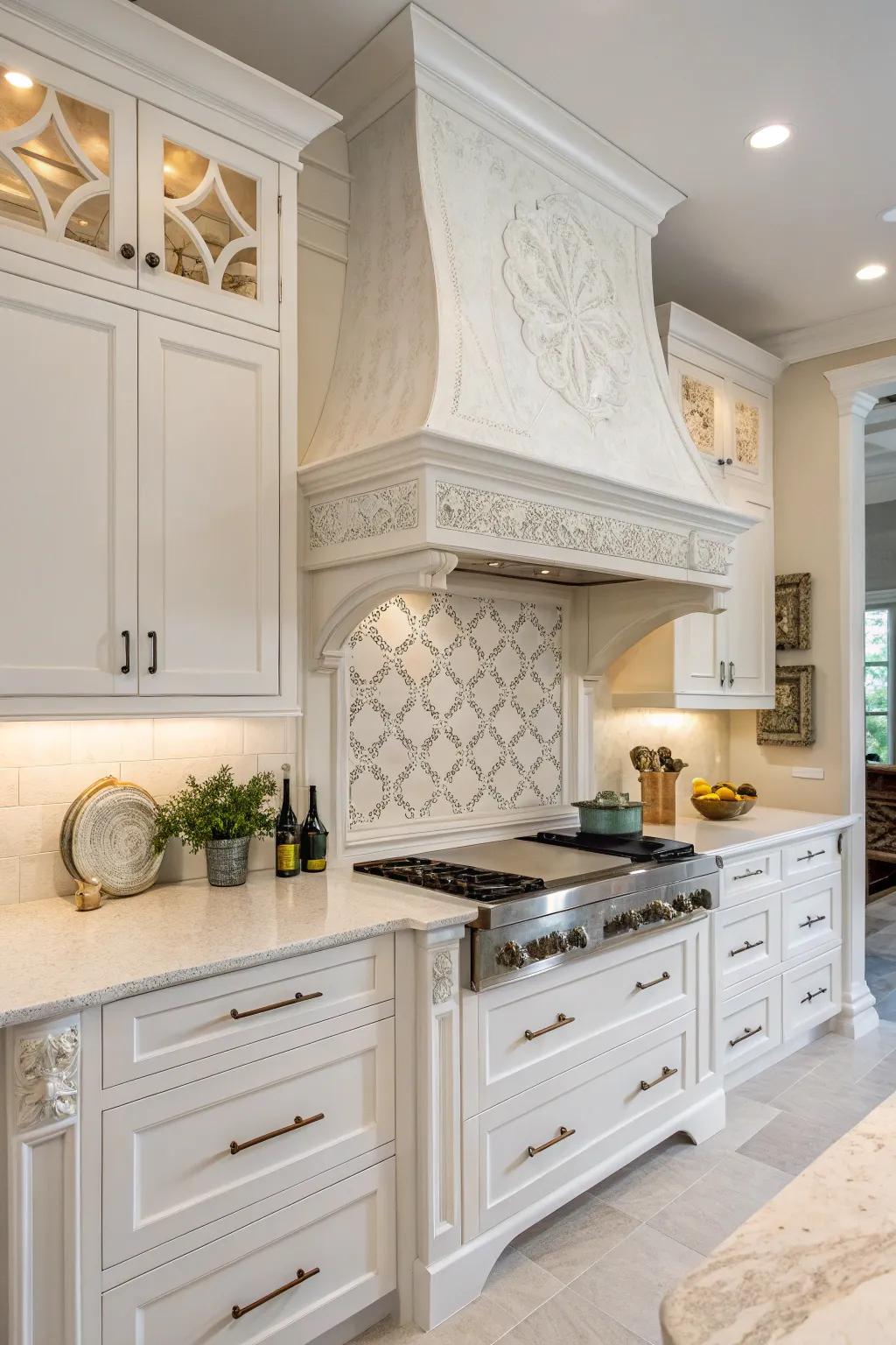 An elegant hood serves as the refined centerpiece in this white kitchen.