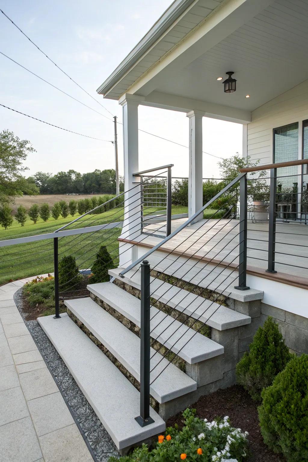 Wire rope railings offer minimalist safety.