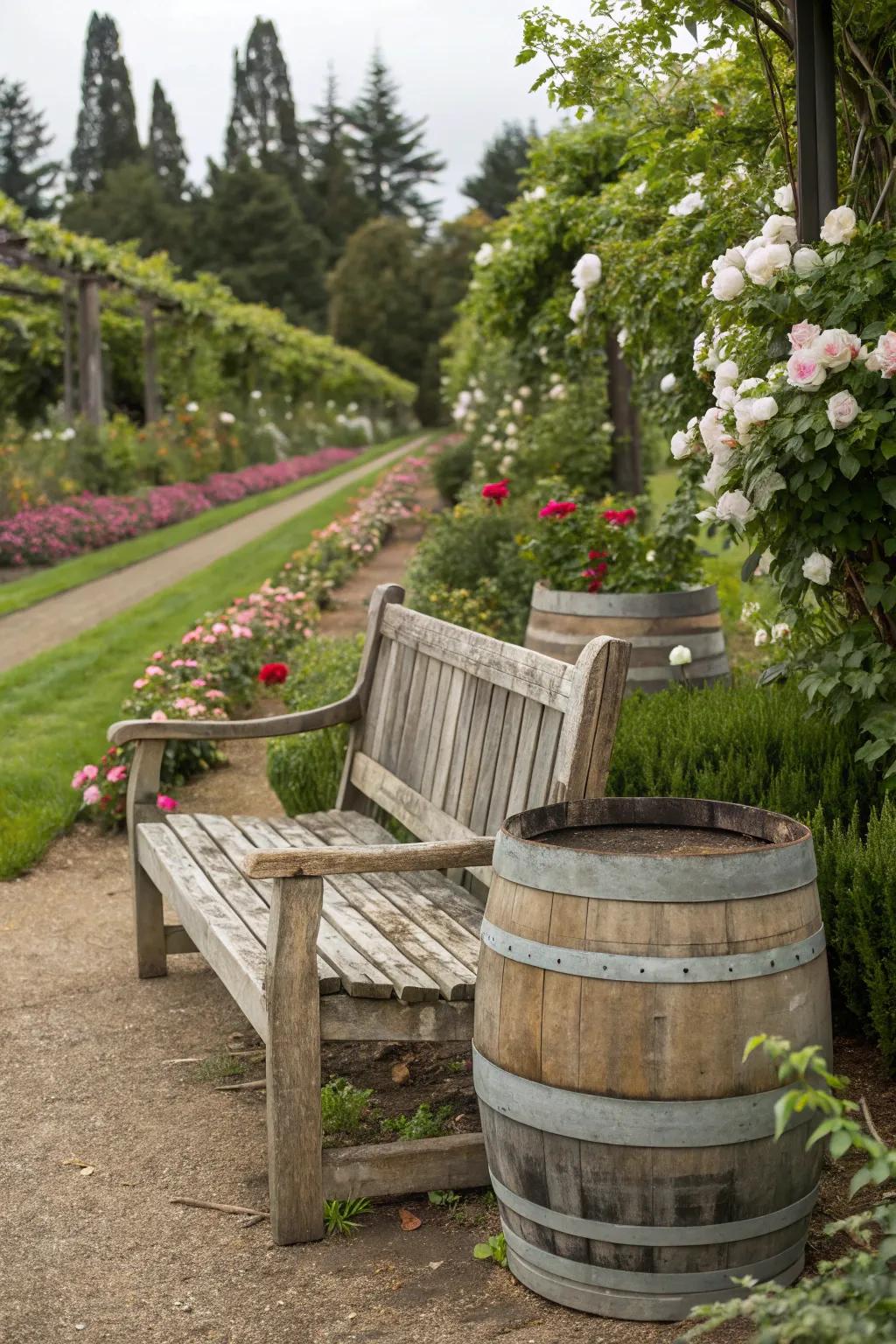 A cozy garden bench using wine barrels as a base.