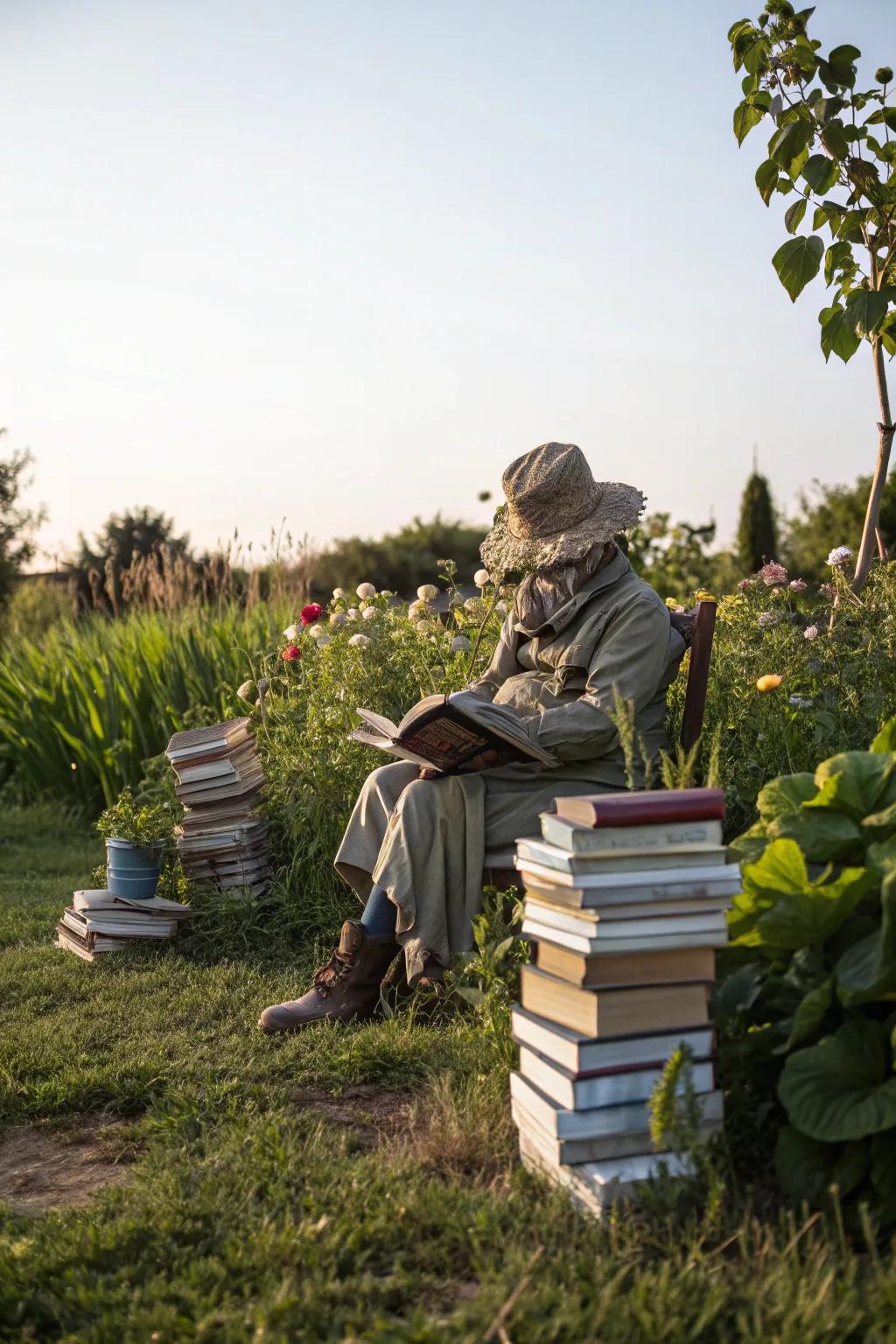 A wordsmith scarecrow savoring a literary escape, engaging in the beauty of words.