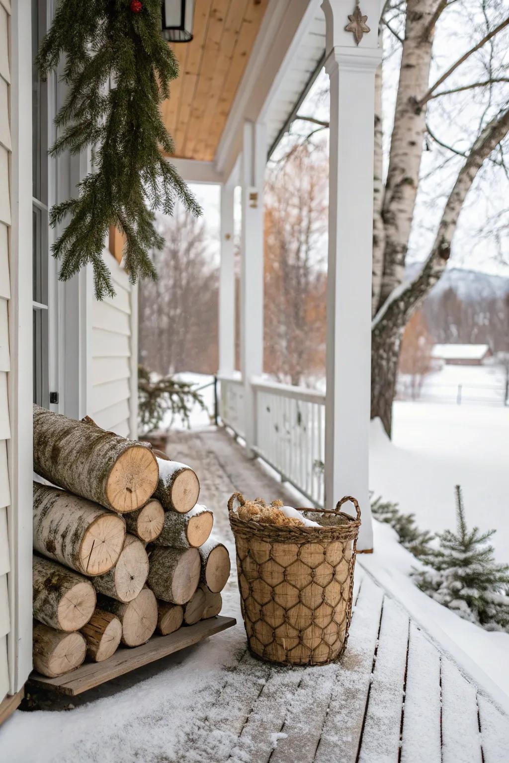 Stacked white wood stacks impart rustic allure to this winter porch.