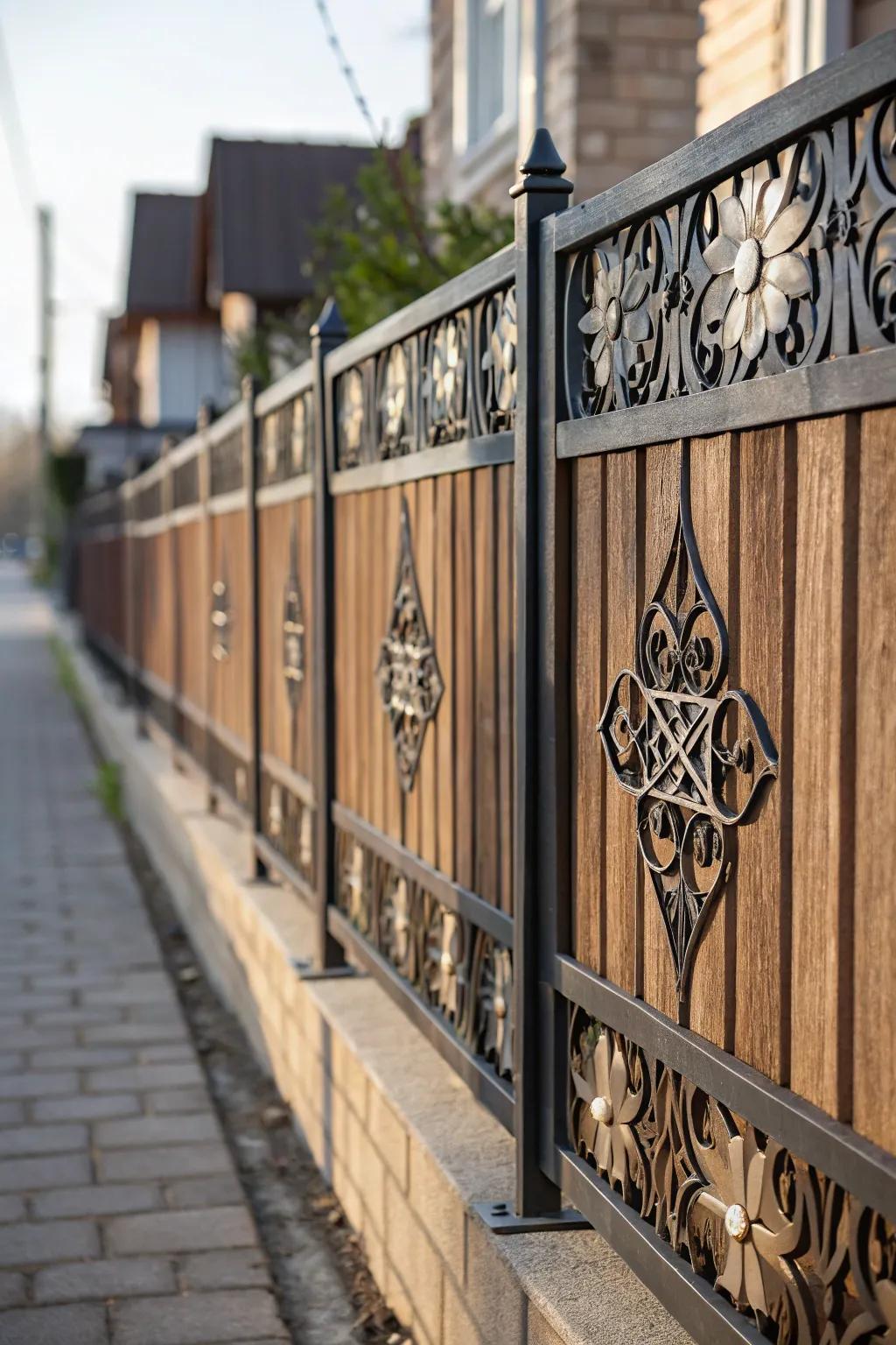 A personalized fence presenting ornamental steel fixtures and timber panels.