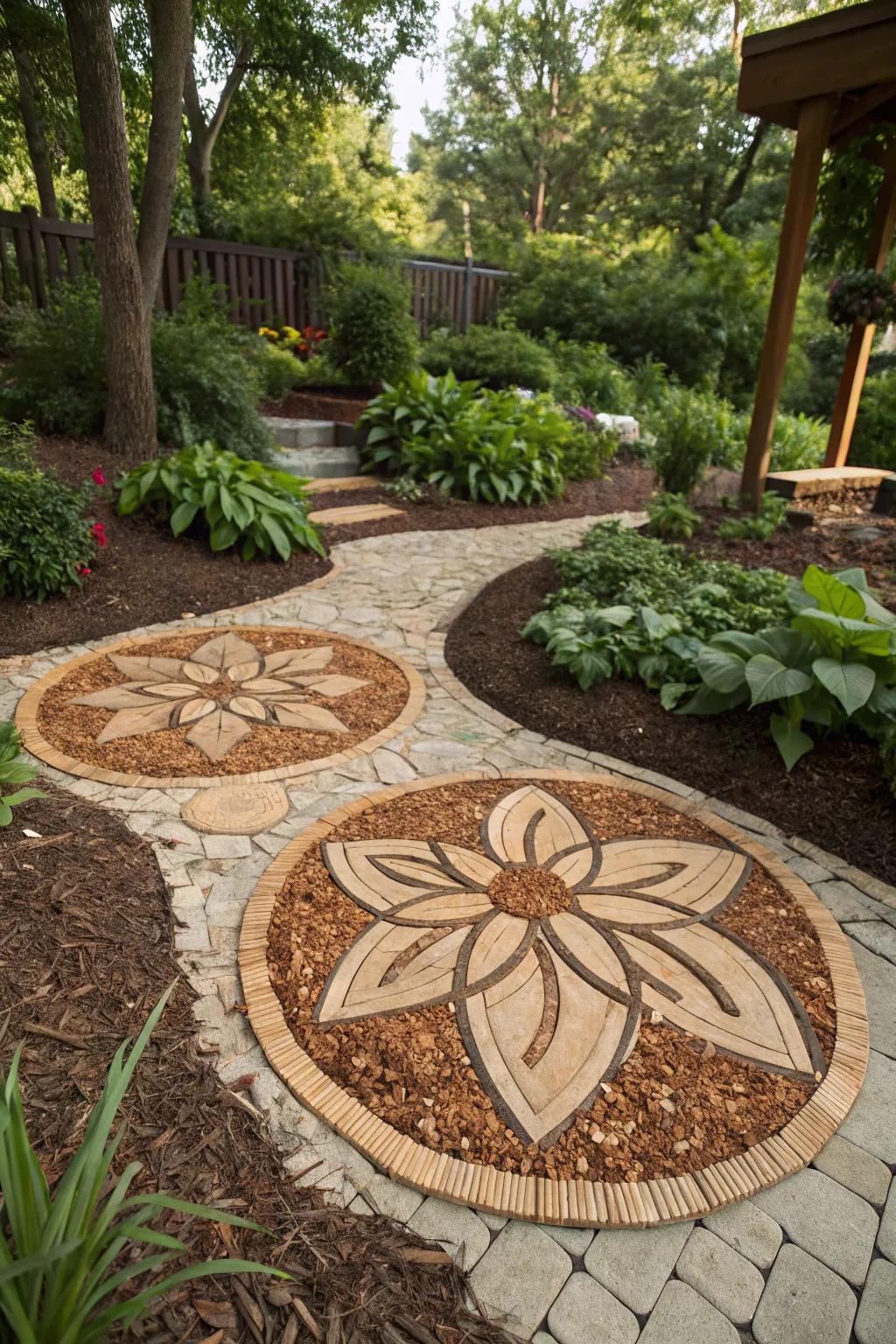 Wood chips add texture and contrast to garden art pieces.