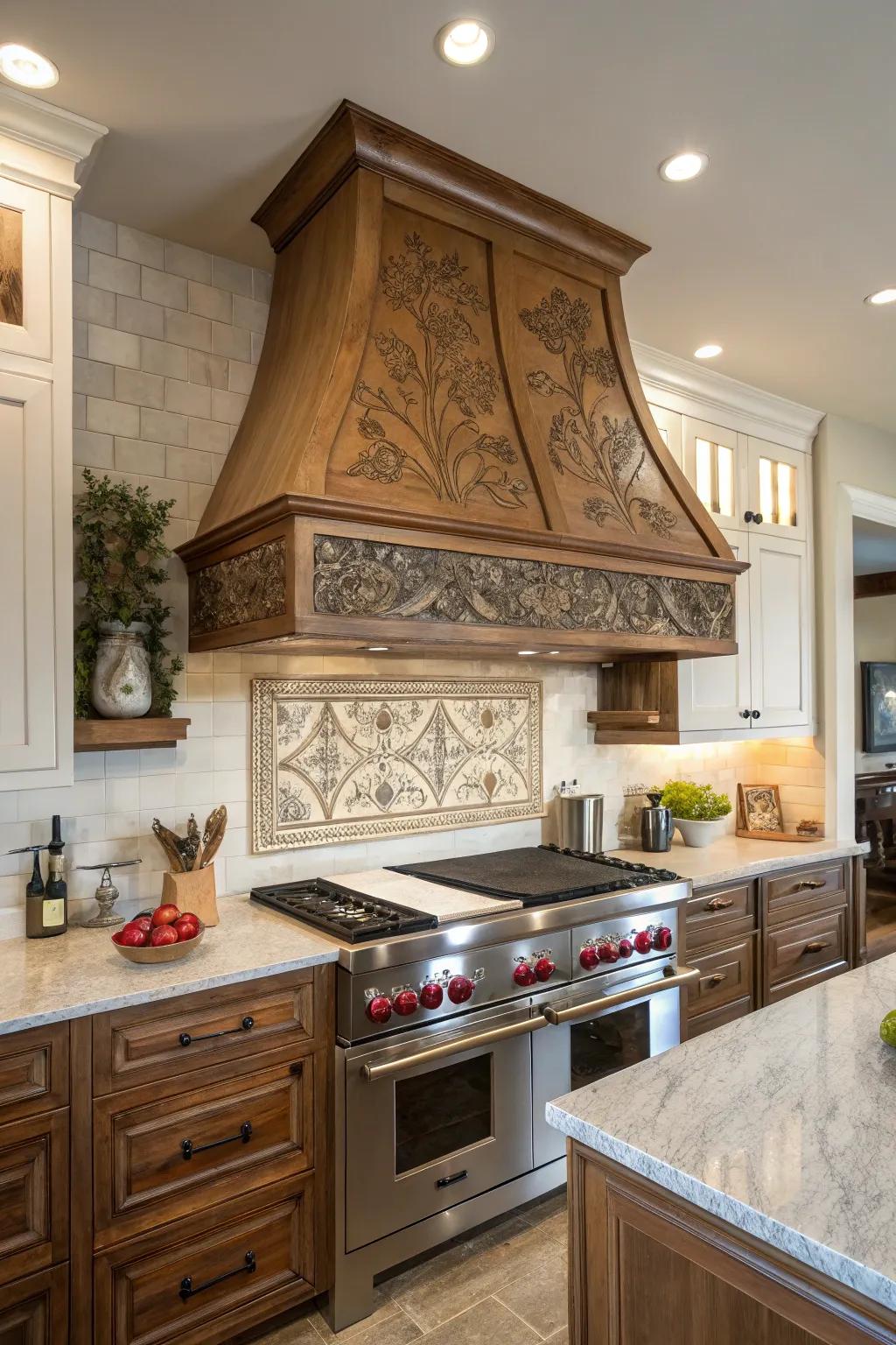 Artistic expression on wood range hoods adds unique character.