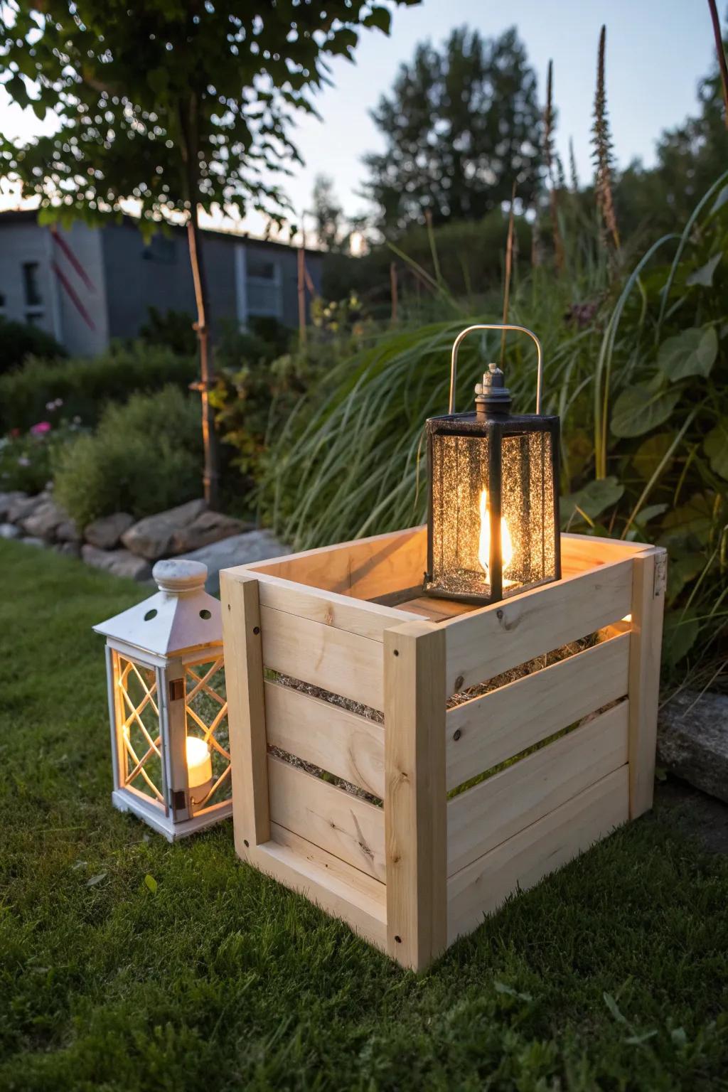 Illuminate your garden with rustic charm: a wooden crate lighting solution for enchanting evenings.