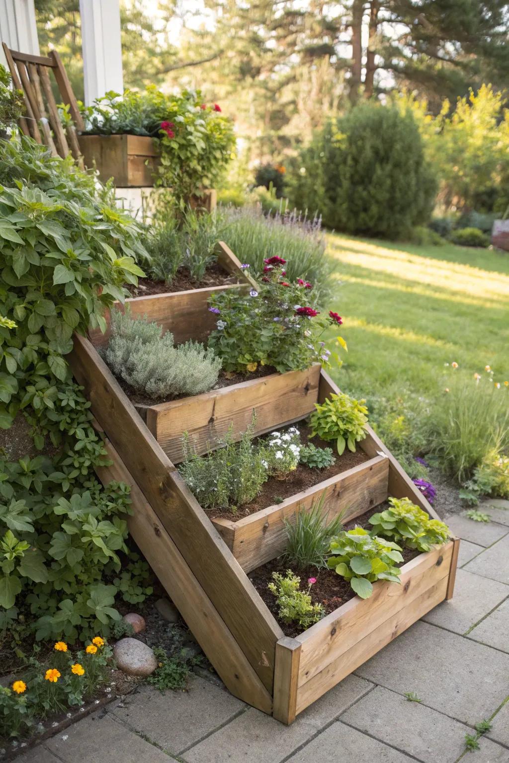 A step planter offering a beautiful layered plant display.