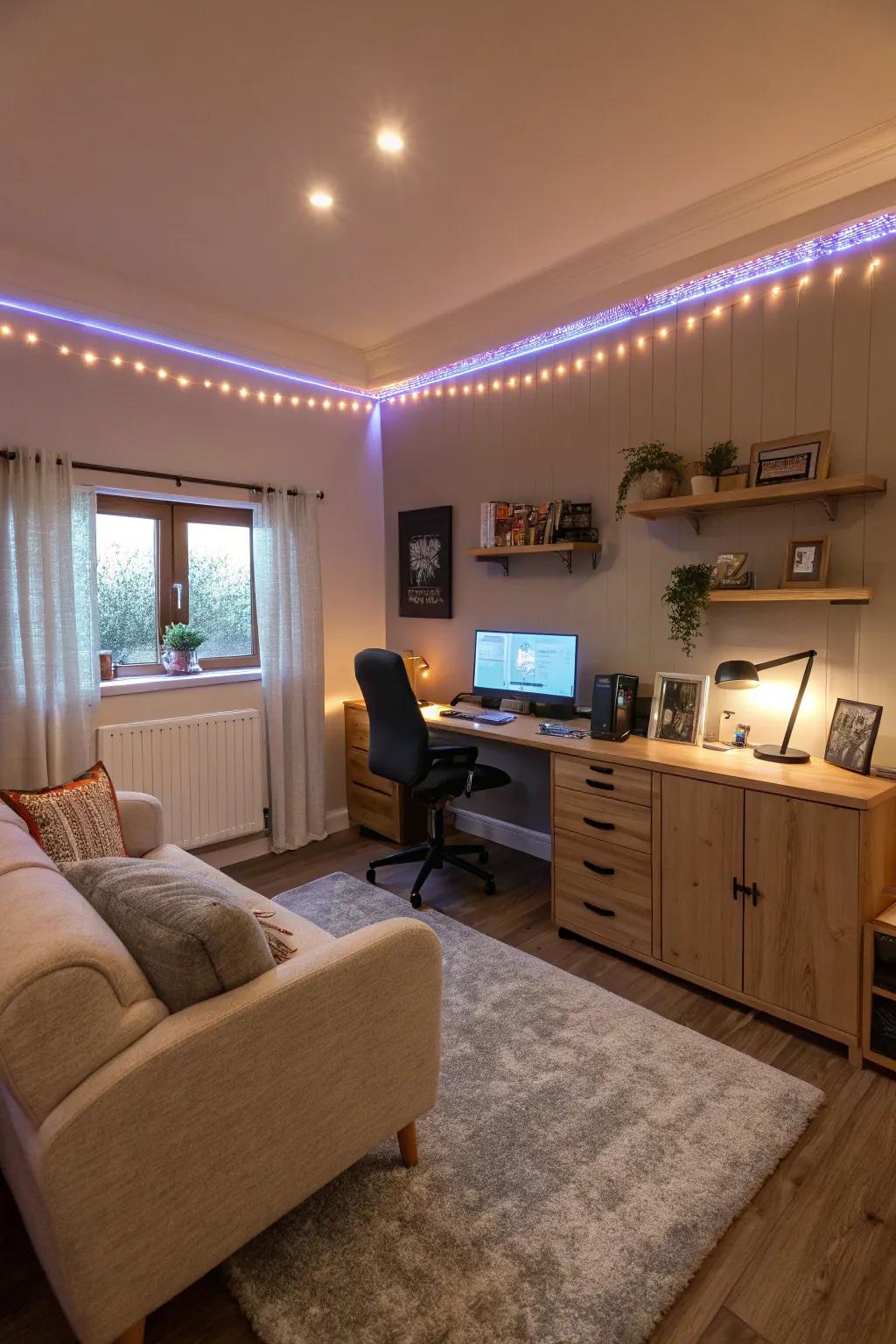 Mood lighting transforms your workspace into a cozy haven.