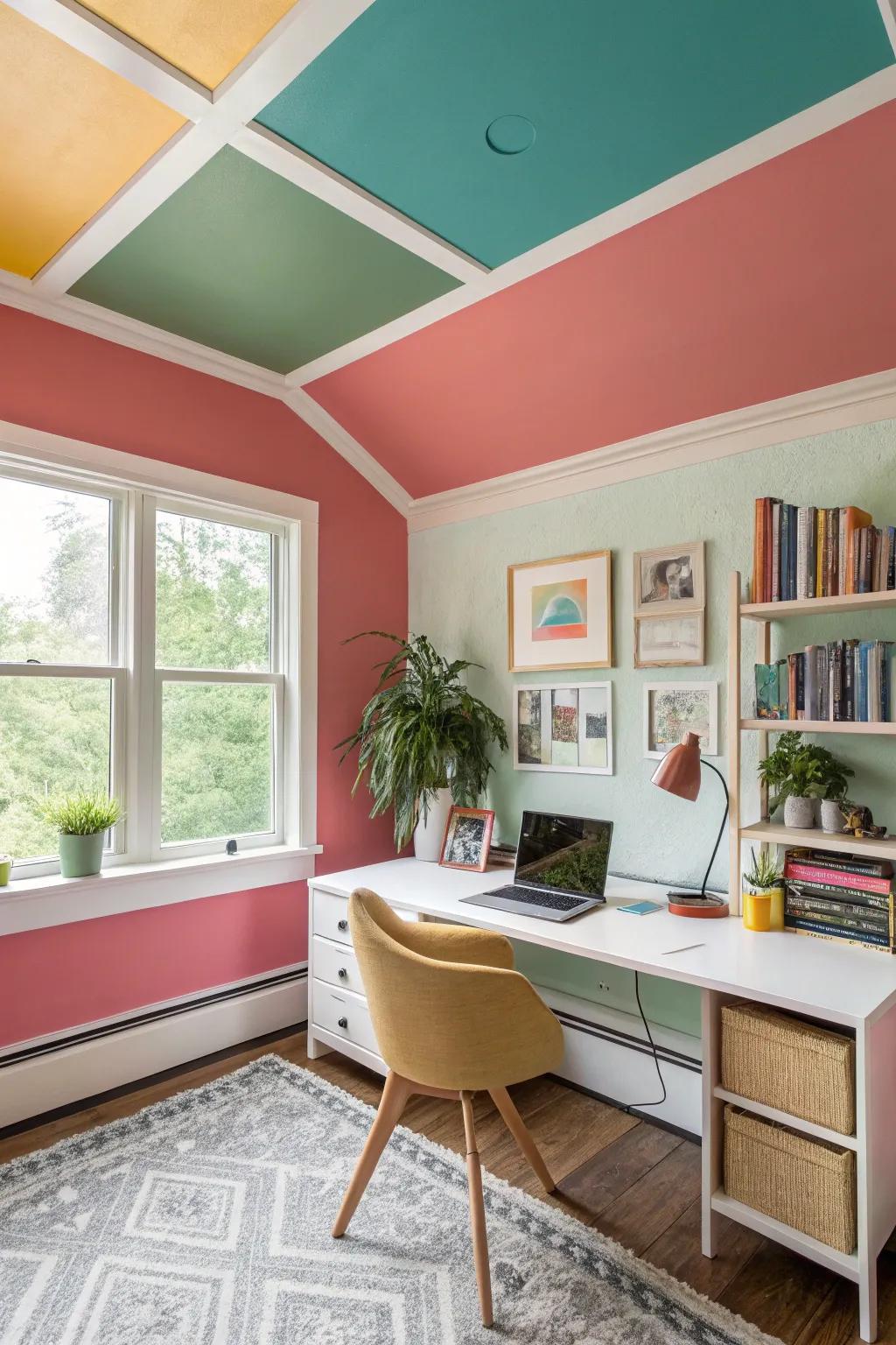 Color drenching creates a bold and unified workspace.