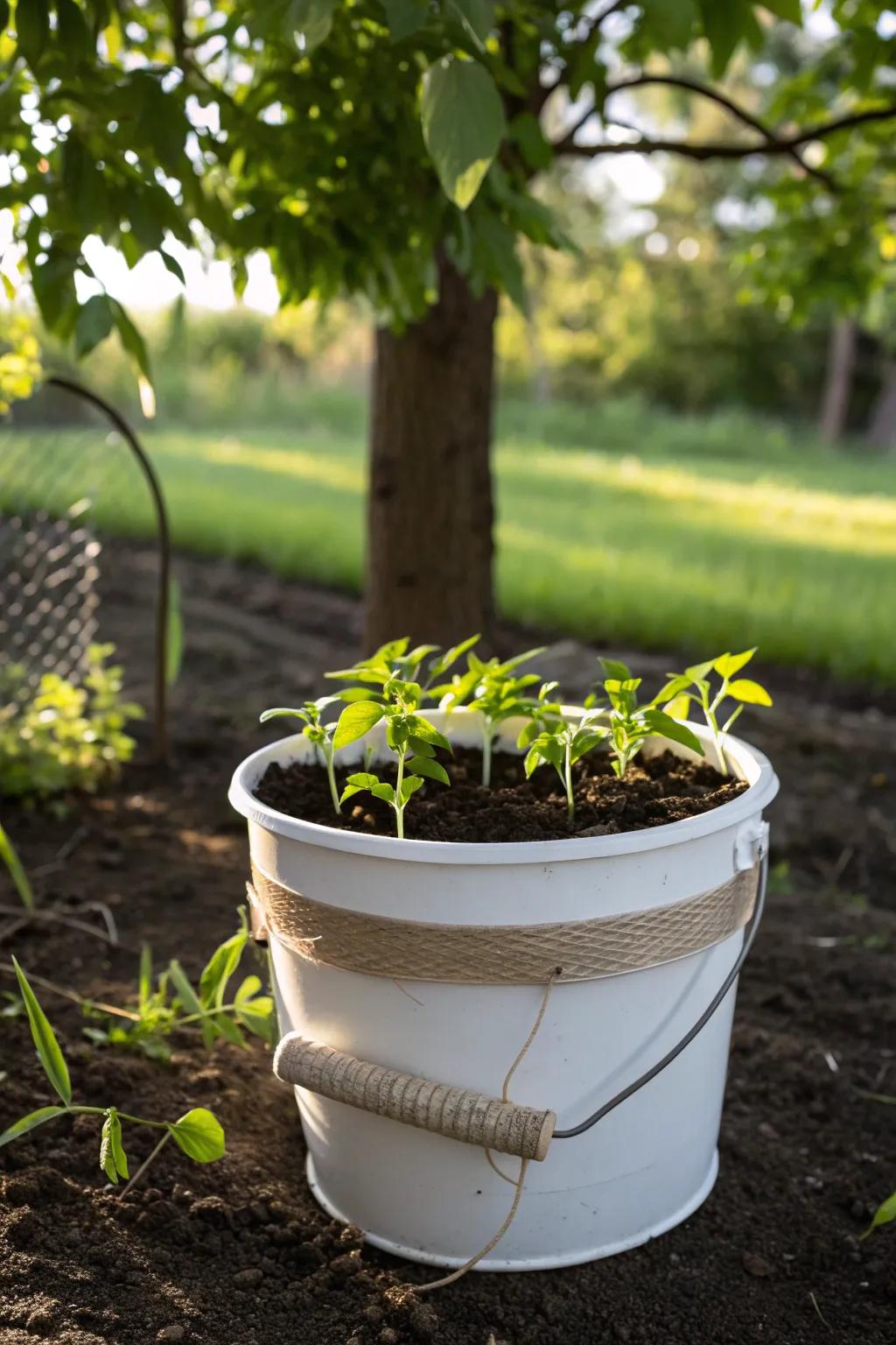 Nurture your green dreams in a minimalist bucket plant nursery.