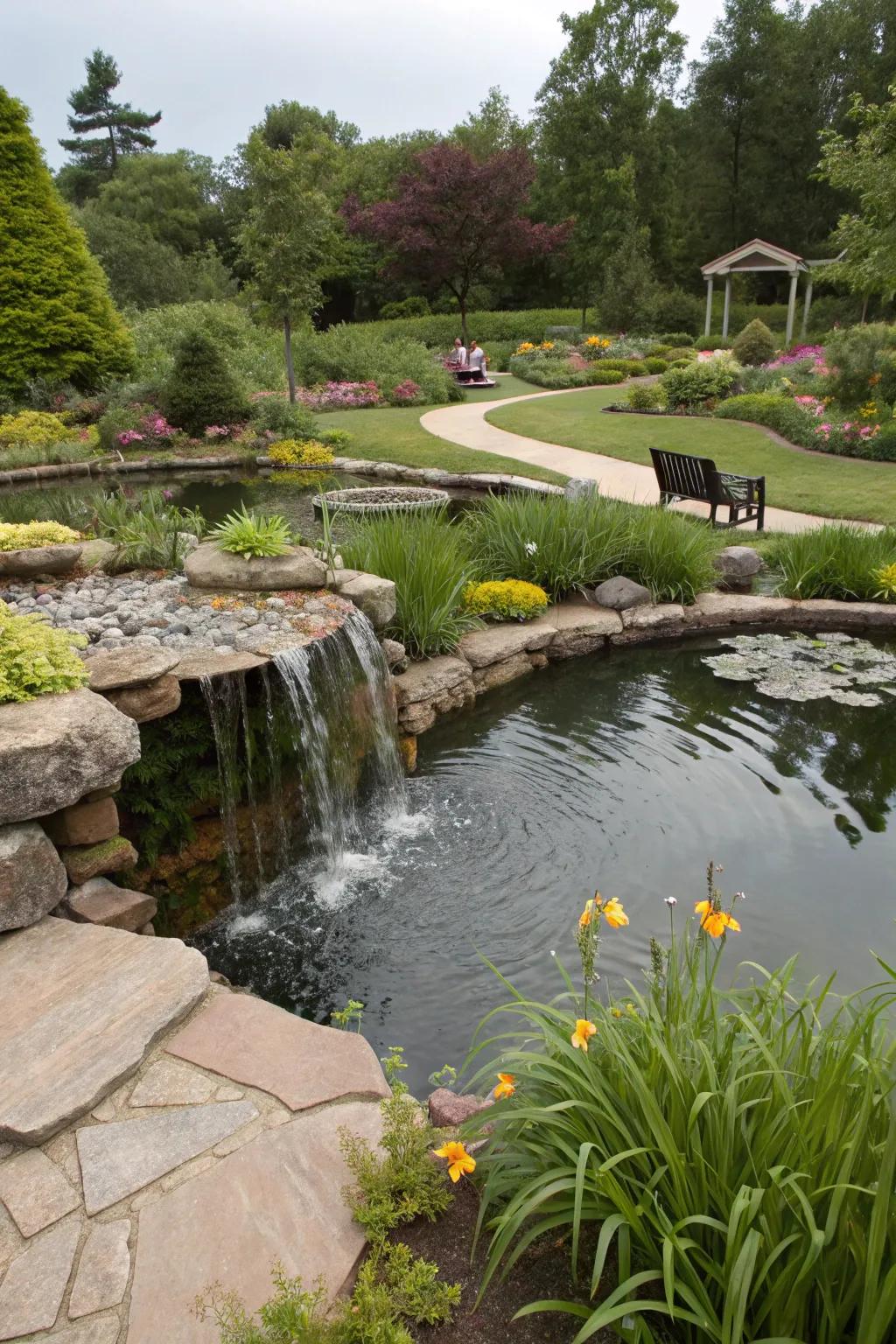 A freestanding pond serves as a captivating garden centerpiece.