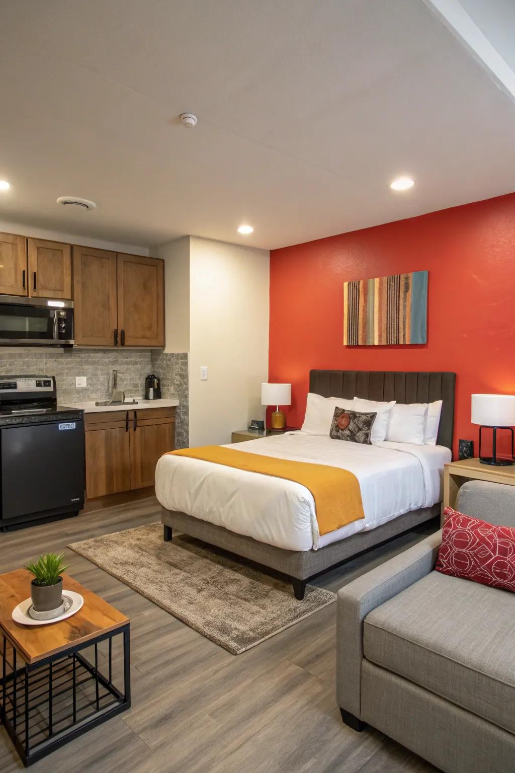 Accent walls add character and separate living spaces visually.