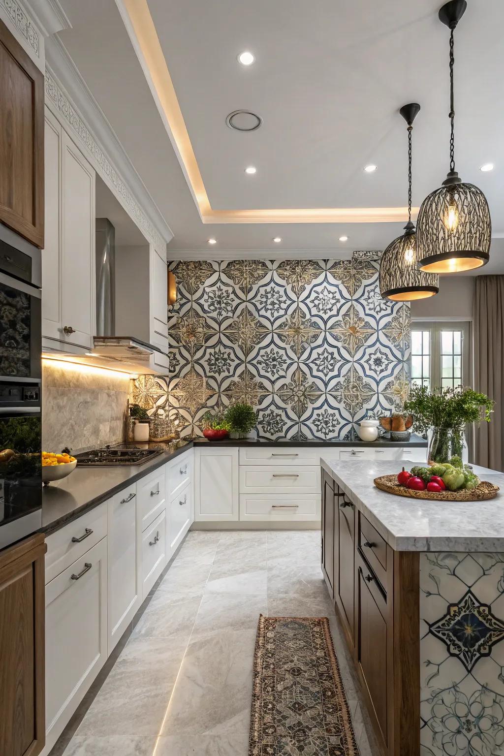 A bold kitchen featuring large-scale arabesque tiles for an impactful design.