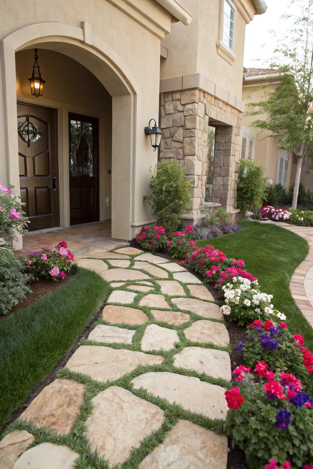 A stylish entryway with lush artificial grass.