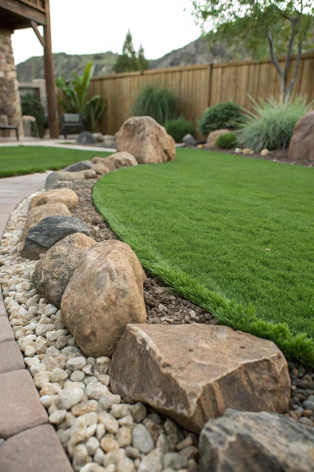 Natural rocks provide a rugged garden edge.