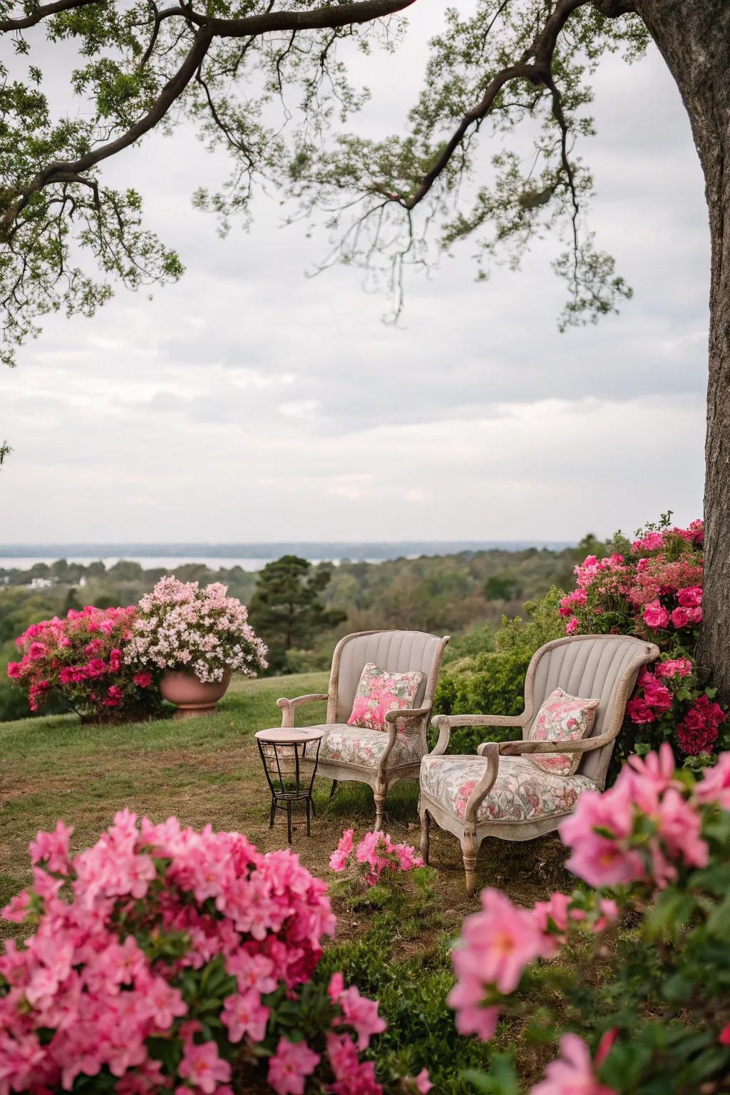 A romantic garden corner with azaleas and classic seating.