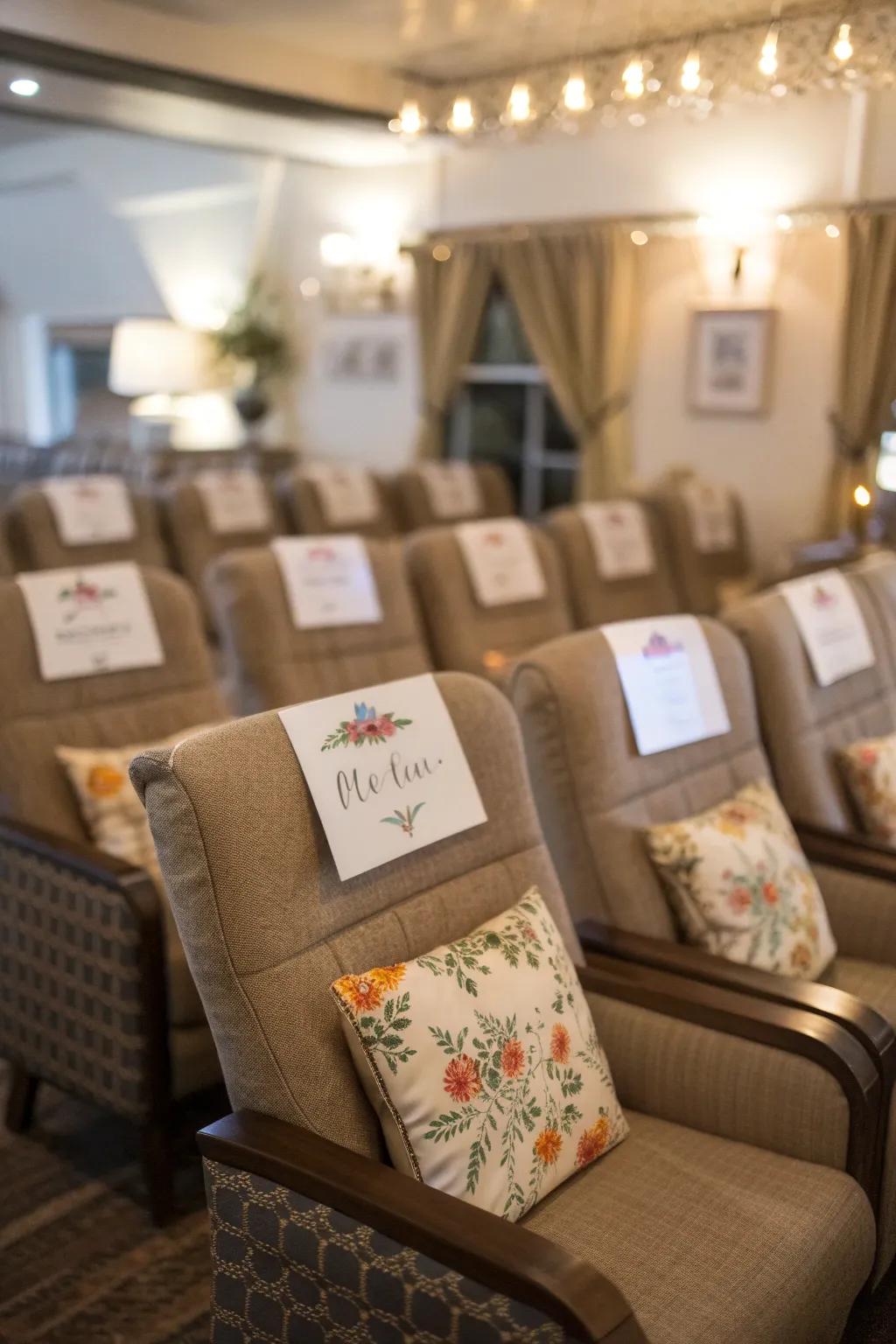Personalized seating with custom name tags for guests.