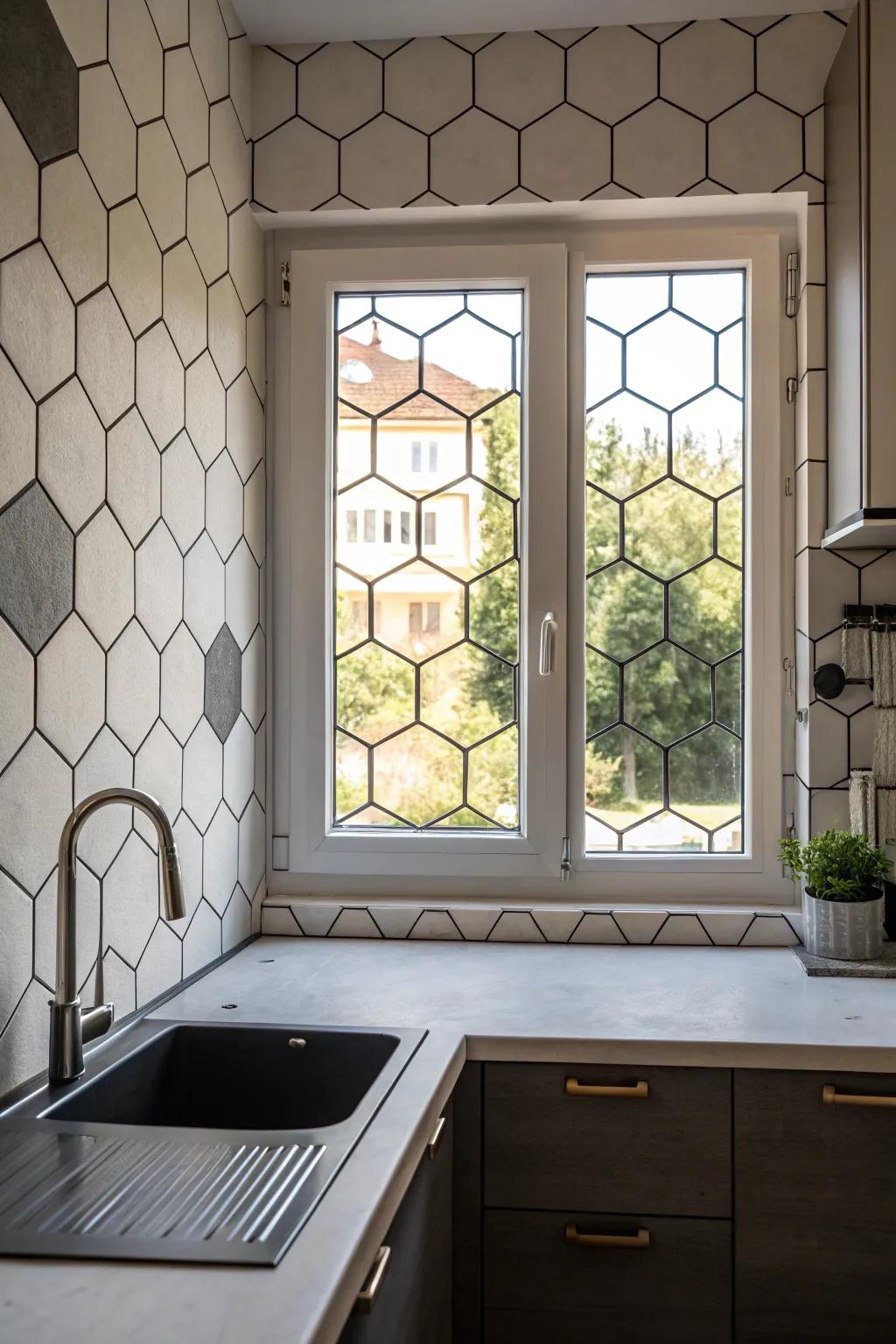 Six-sided tiles providing a contemporary edge around a kitchen window.