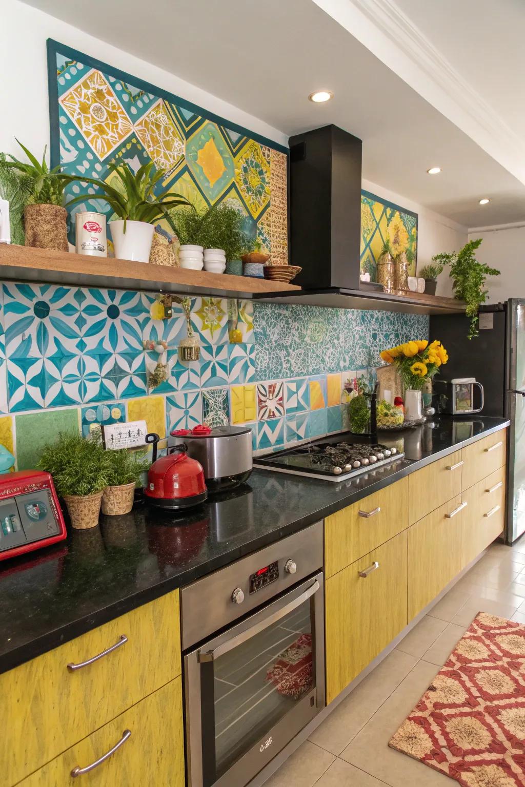 Multihued tiles contribute a vibrant and unexpected accent to cooking areas.