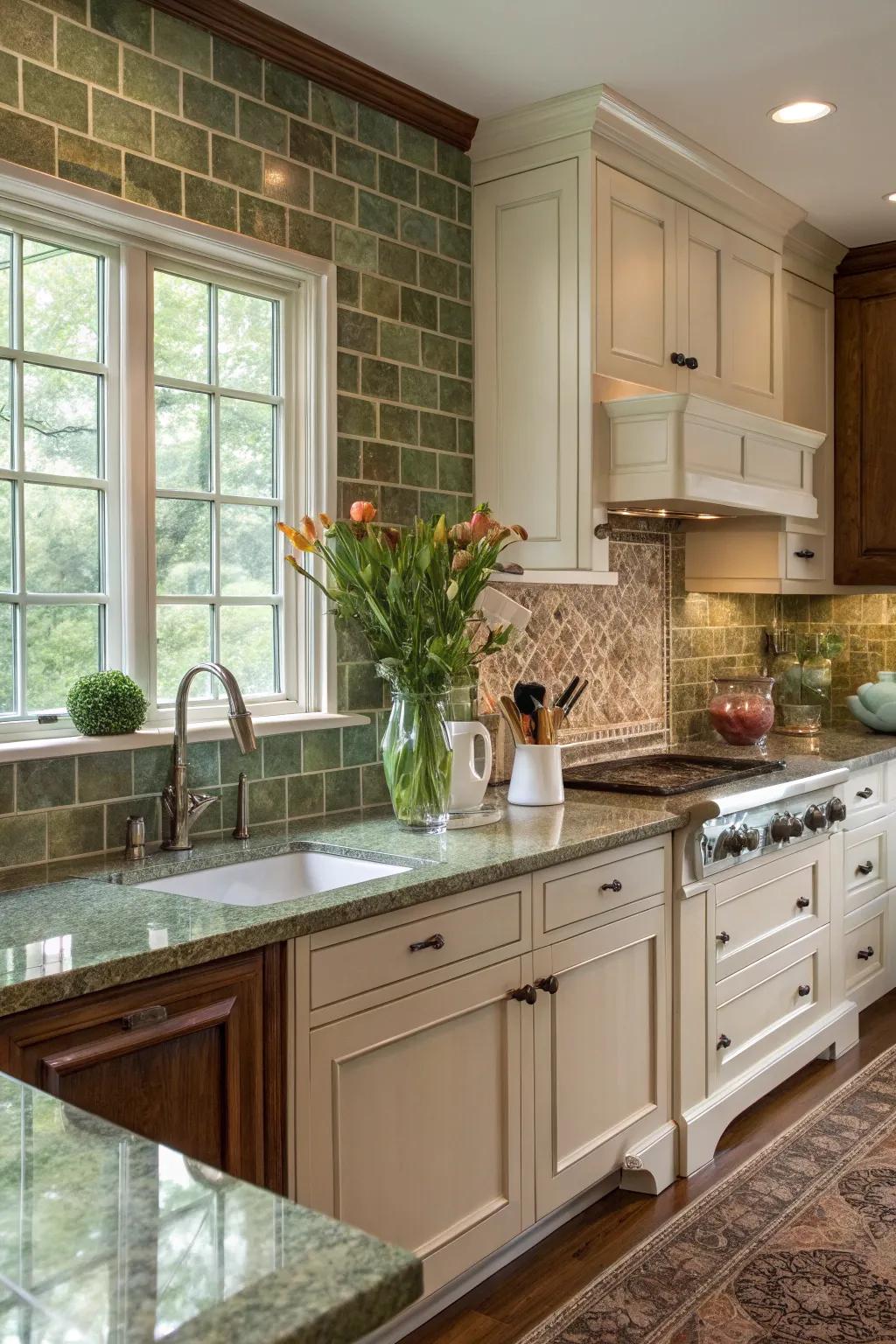 Calming flora panels offer a serene complement, enhancing the earthy tones of fantasy brown granite with their gentle hues.