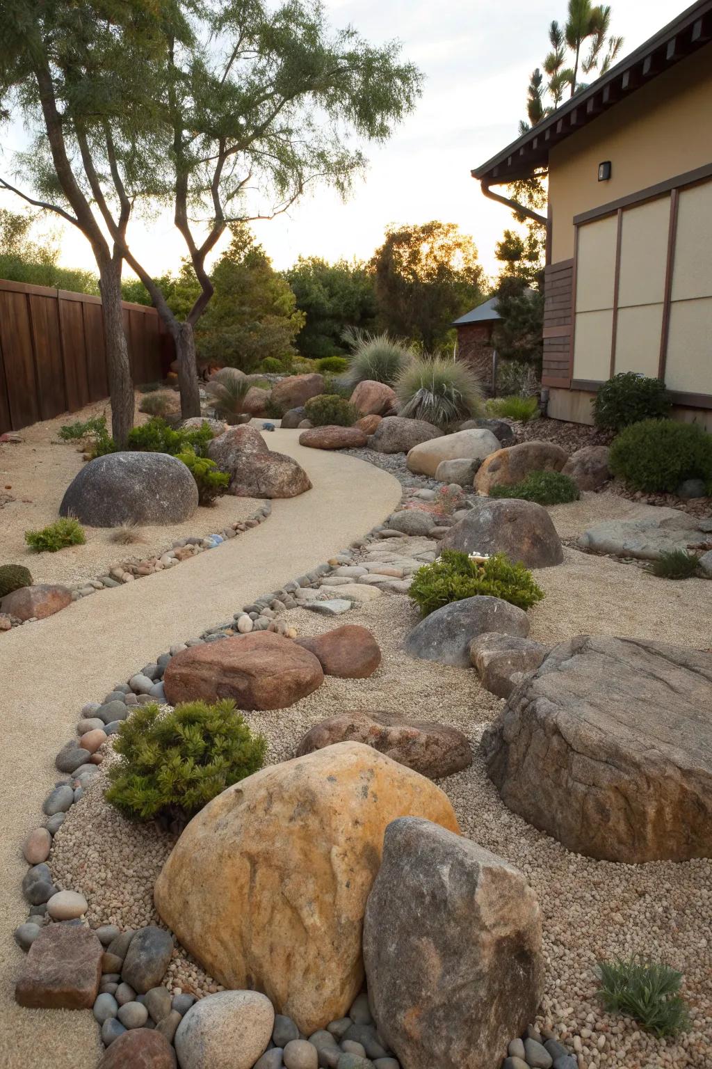 Integrate finely crushed rock with rocks for a stunning and low-maintenance garden feature.