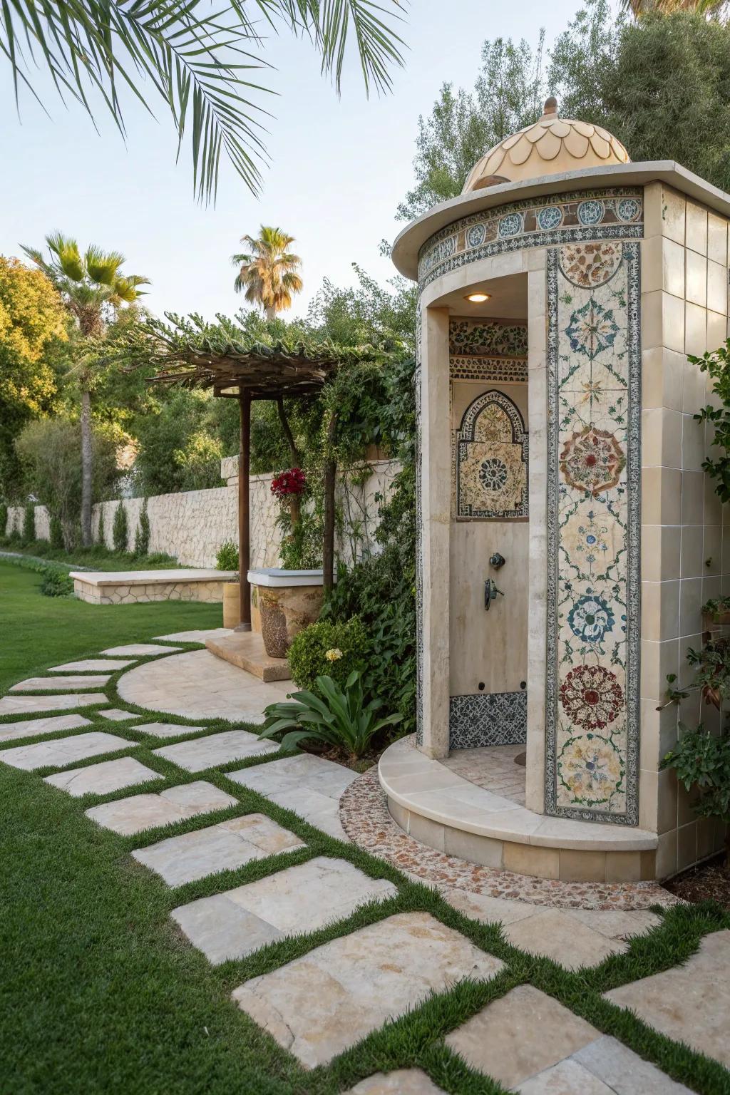 An elegant outdoor shower fitted with ornamental tiles and rock elements.