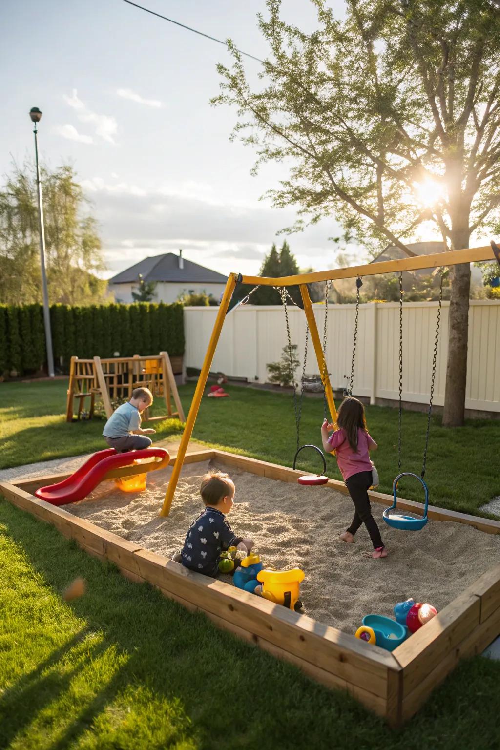 Children's play zones render the backyard a joyous space for the collective family.