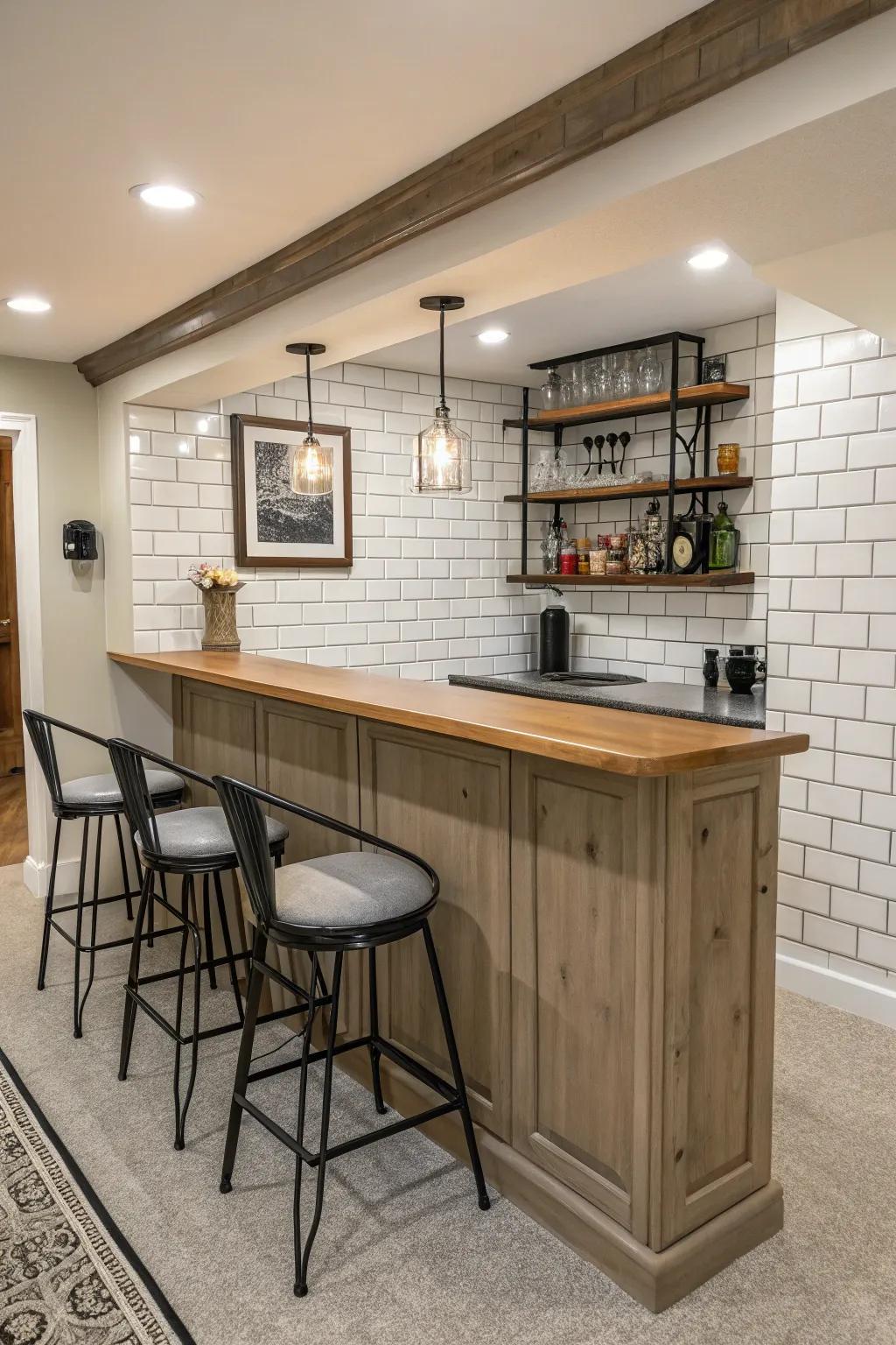A home bar with a timeless brick tile backsplash in neutral hues.