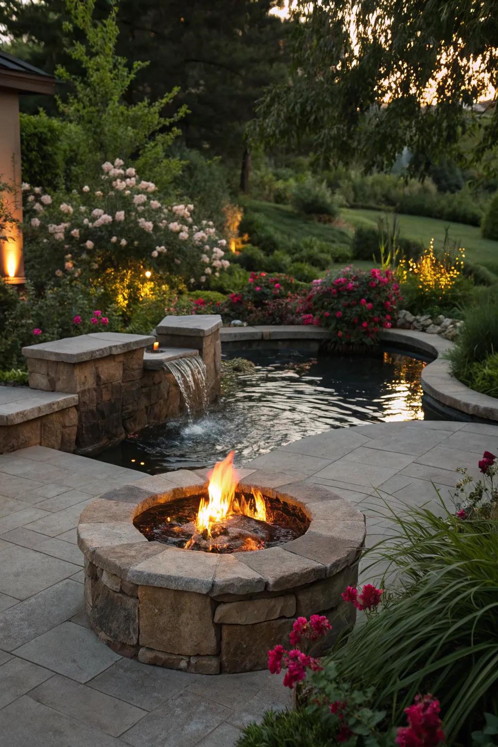 Mesmerizing fire pit paired with a tranquil water feature.