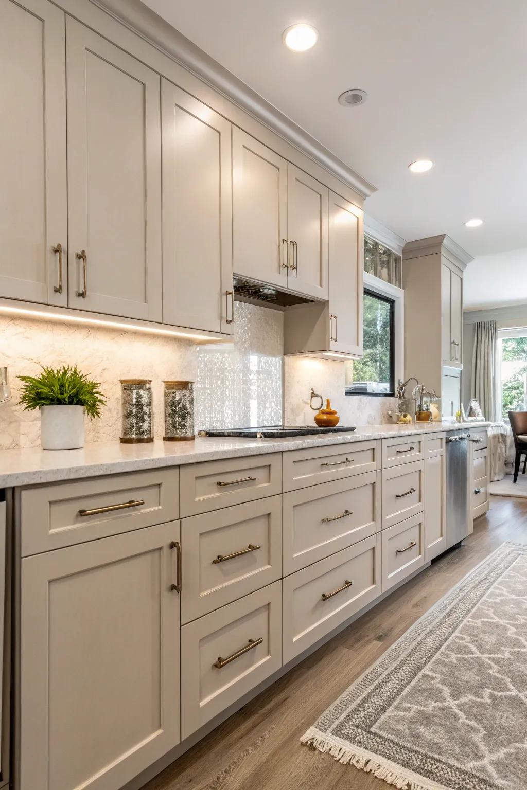 Satin nickel handles provide simple elegance for shaker cabinets.