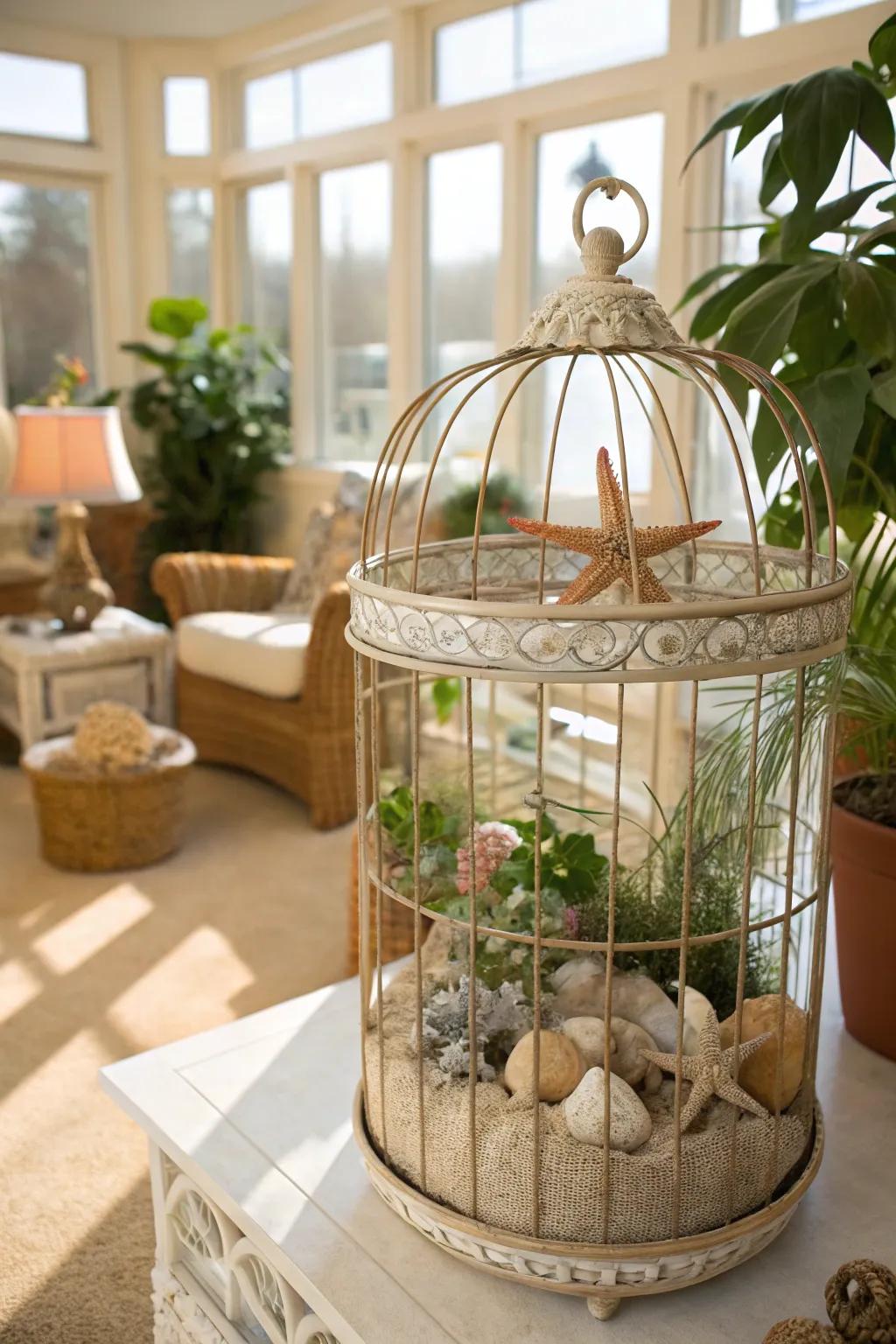 A seaside-themed birdcage planter brings the beach to your home.