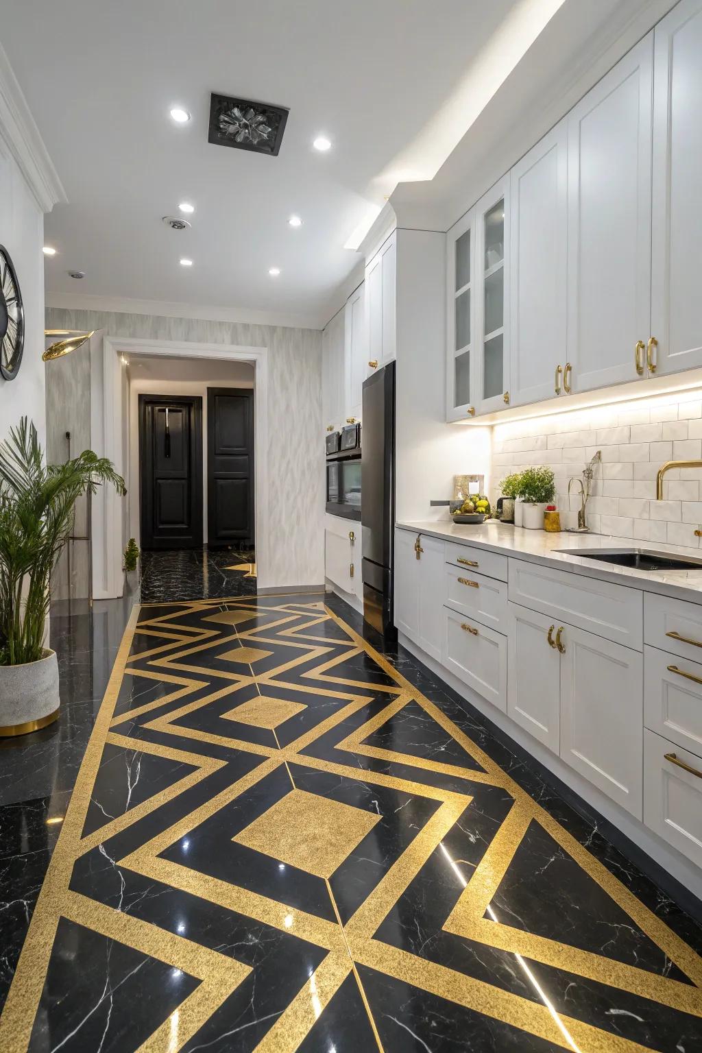 Black and gold flooring makes a statement in this kitchen.