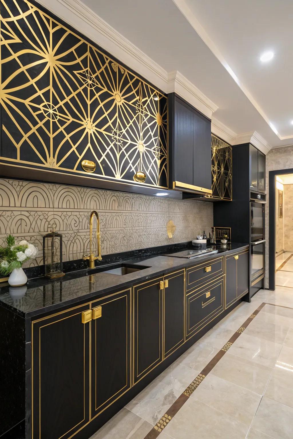 Art Deco style with ebony countertops and gilded elements.