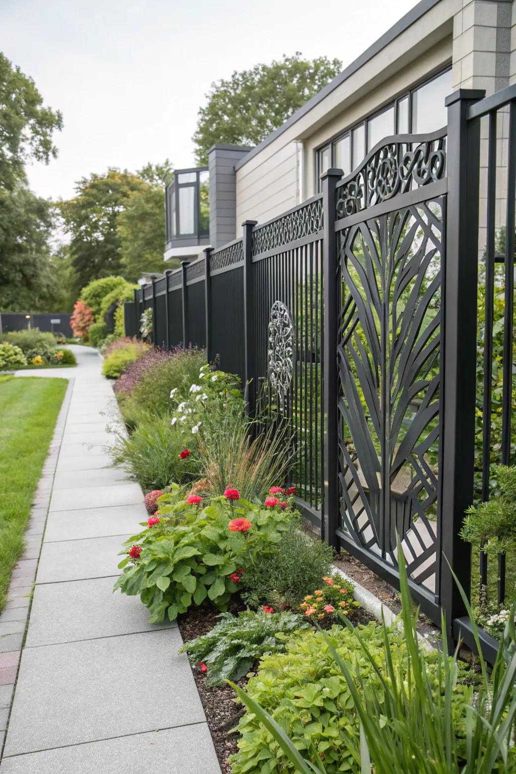 A contemporary black metal fence adds modern flair to the garden.