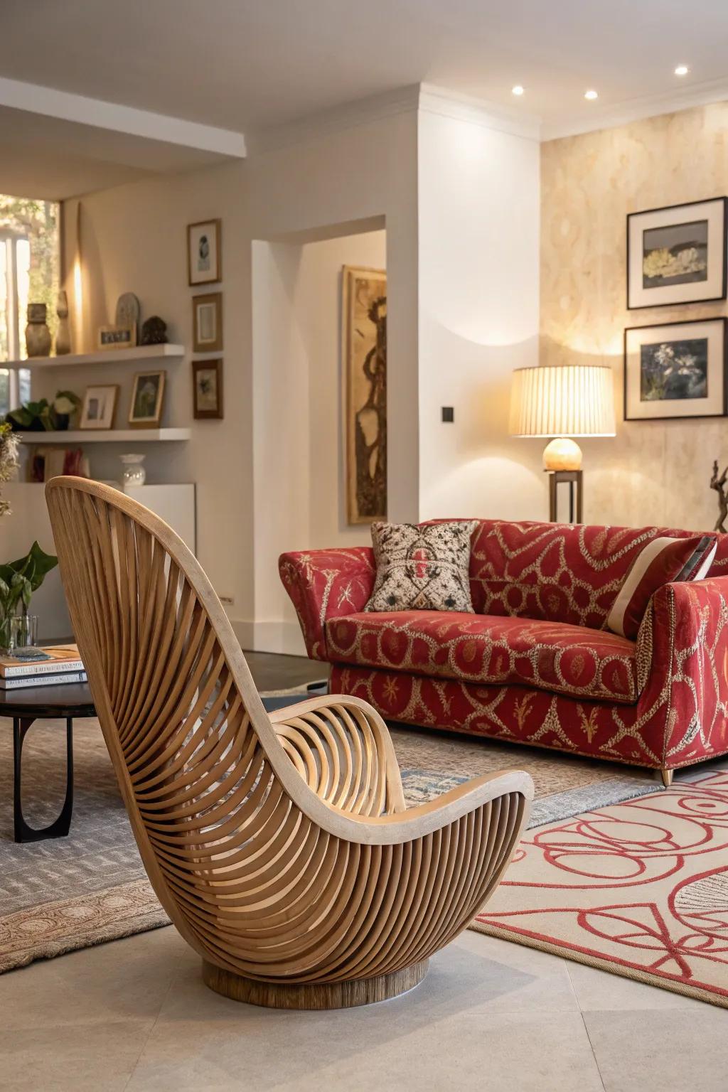 Statement furniture pieces anchor and elevate the living room design.