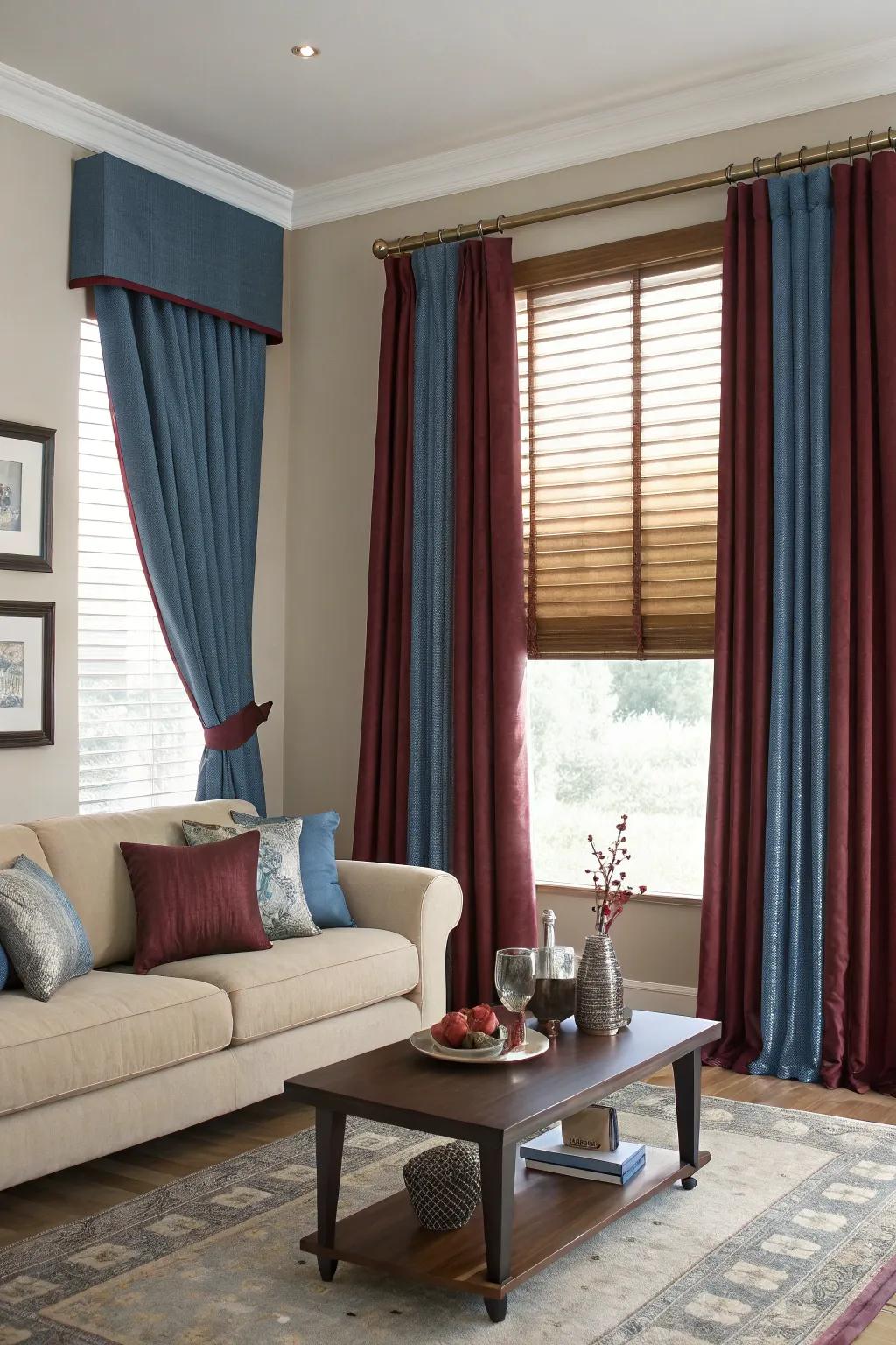 Window coverings in cerulean and wine enhancing the room's cohesive aesthetic.