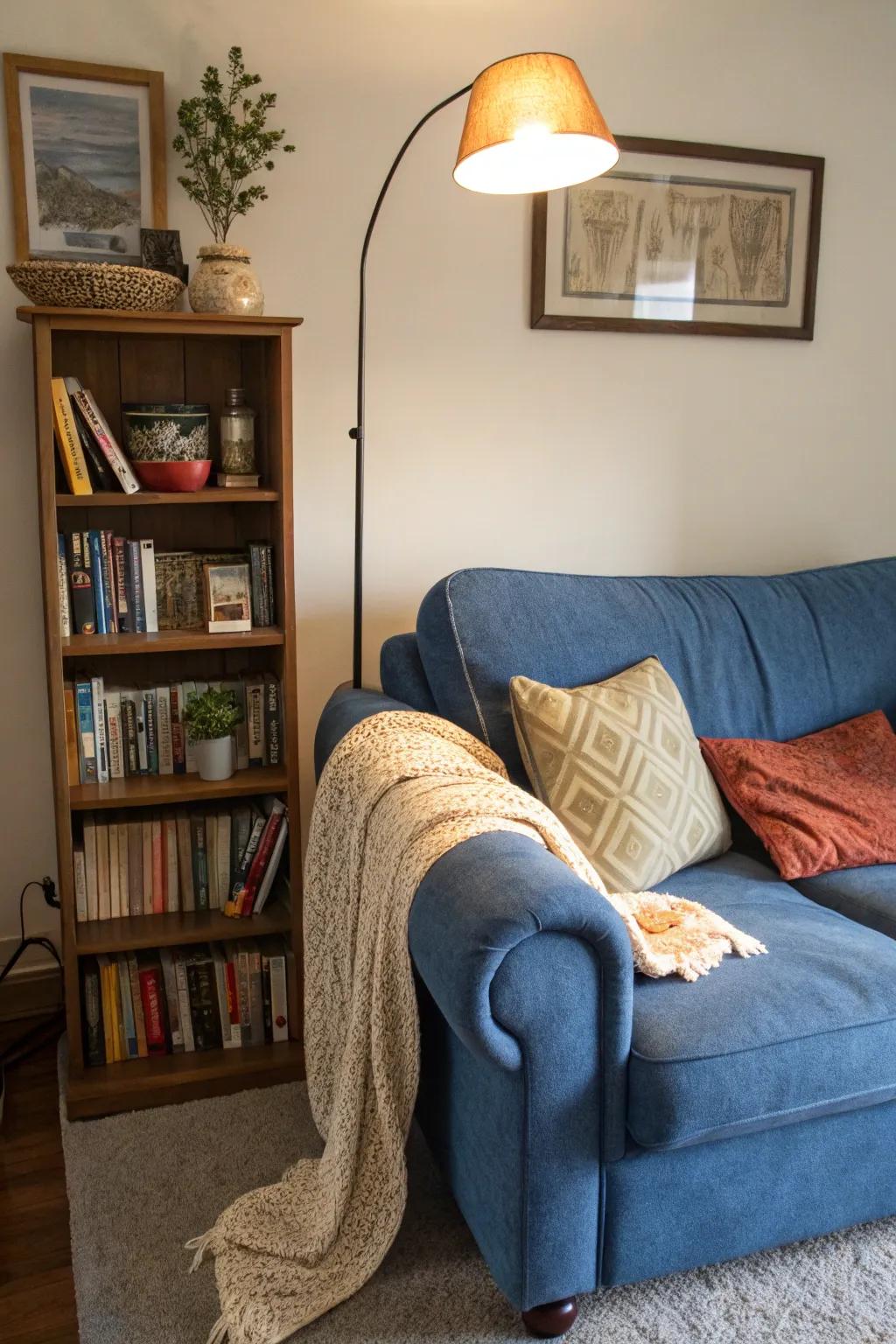 A reading nook offers a peaceful retreat in the living room.