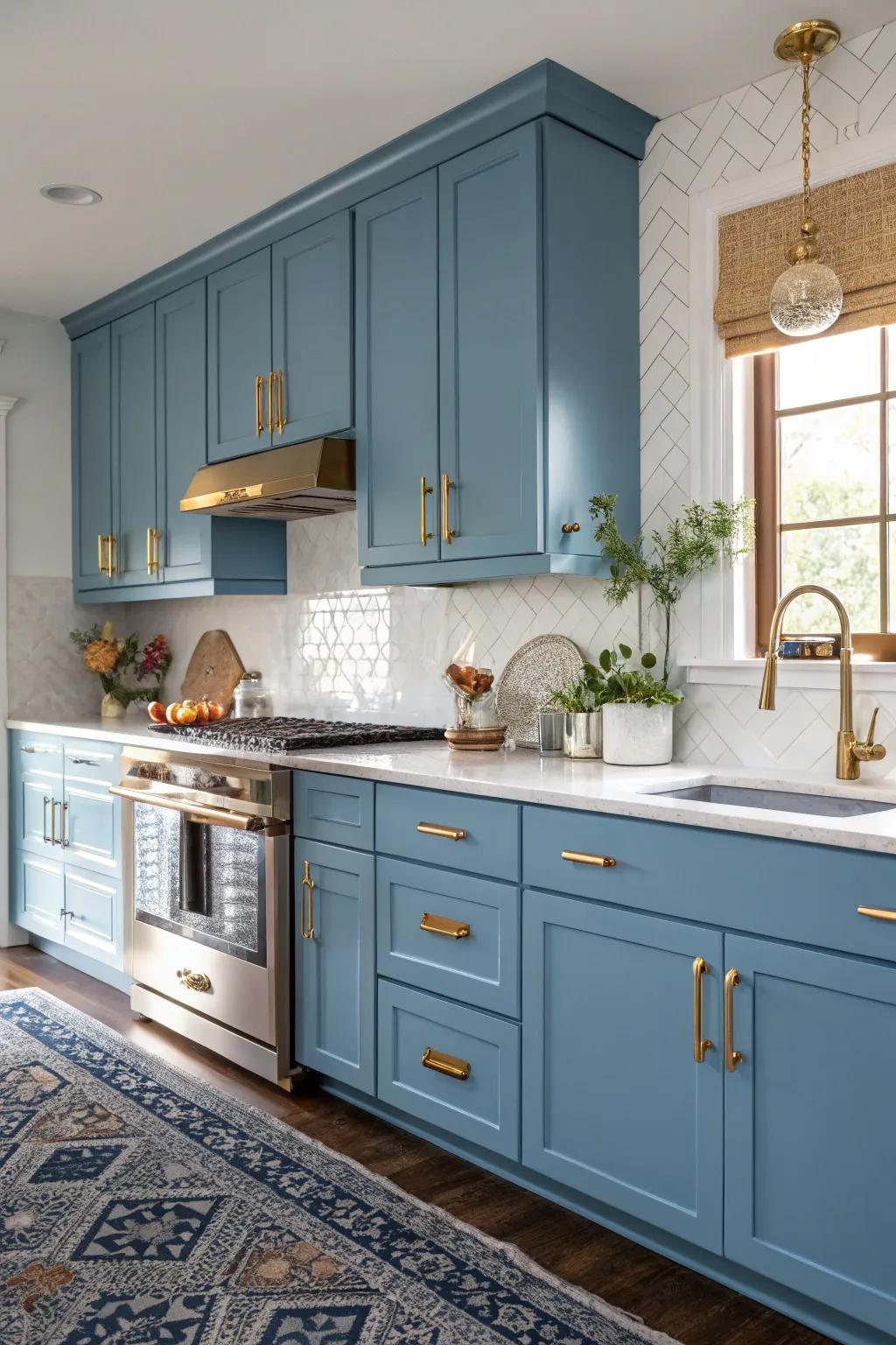 A luxurious feel with azure cabinetry and gold accents.