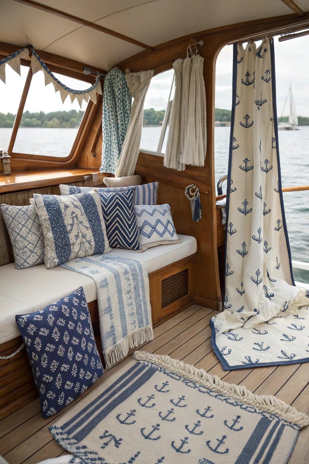 Maritime designs in textiles add a cohesive themed touch.