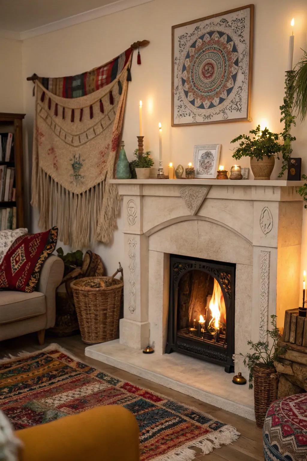 A fireplace featuring unexpected artistic elements, creating an intriguing bohemian decor.
