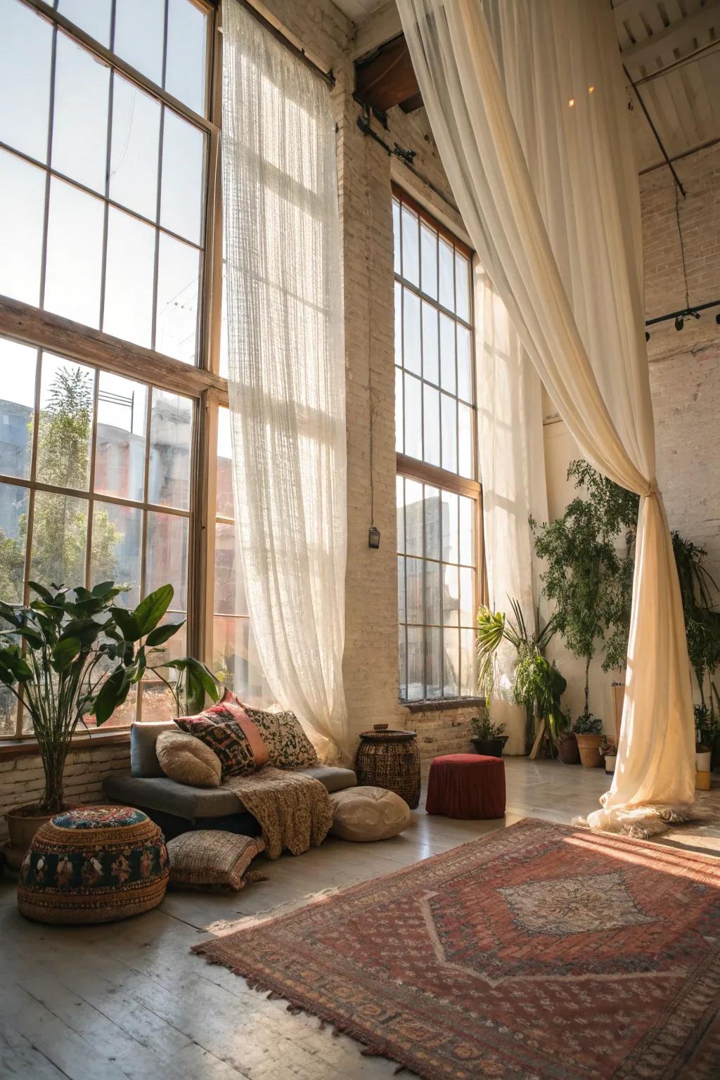 Natural light cultivates a warm and welcoming boho loft.