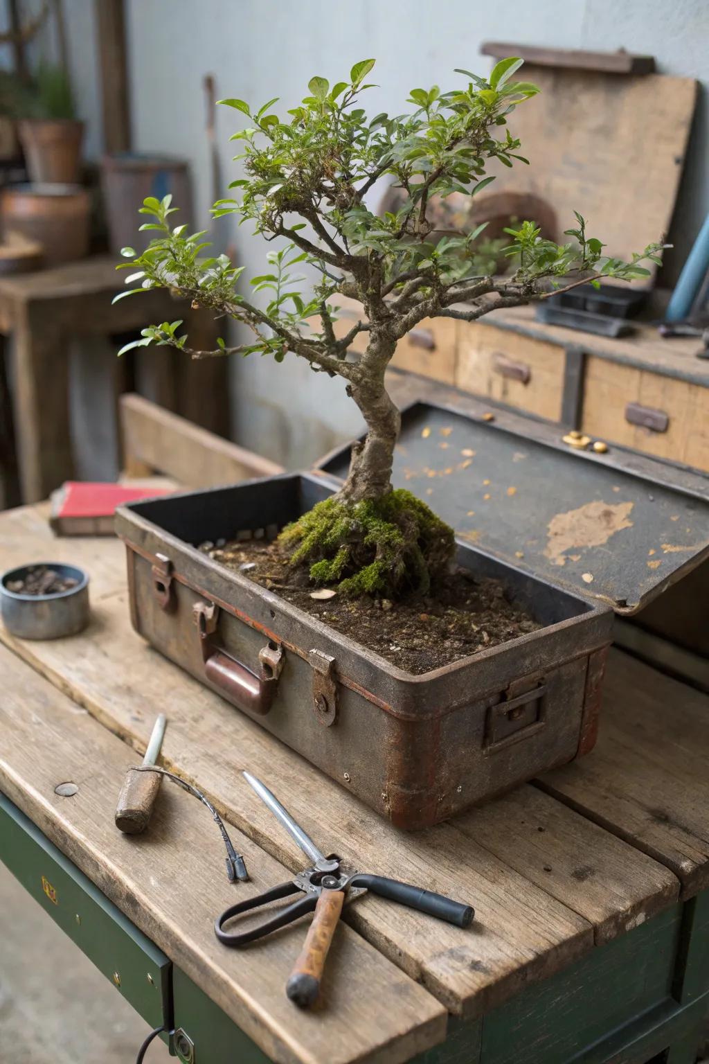 Bonsai in a vintage toolbox for an industrial aesthetic