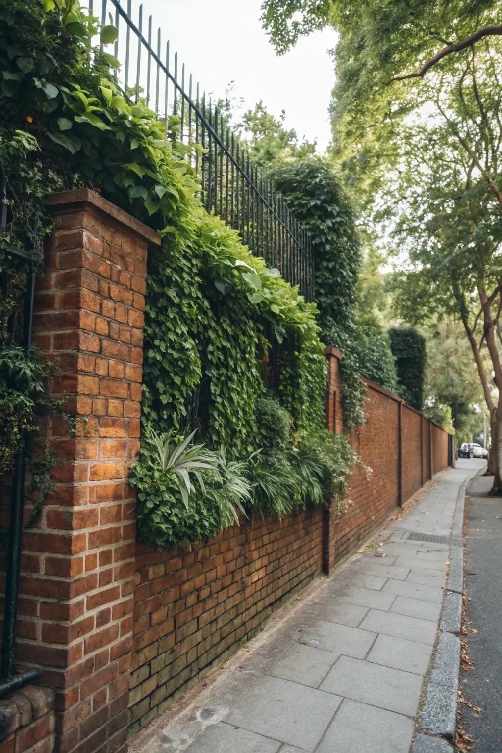 A verdant wall infuses greenery into the brick fencing design.