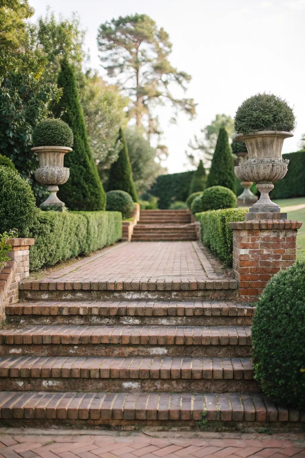 Sculptural plantings framing elegant brick steps.
