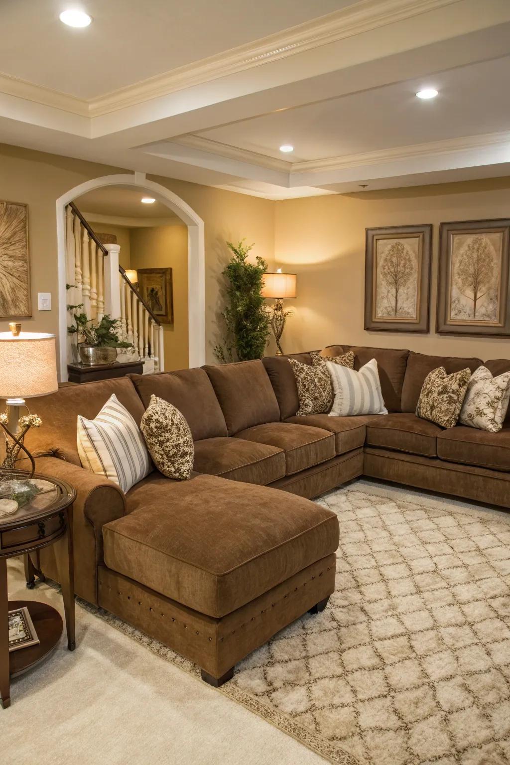 Warm neutrals create a soothing atmosphere around a brown sectional.